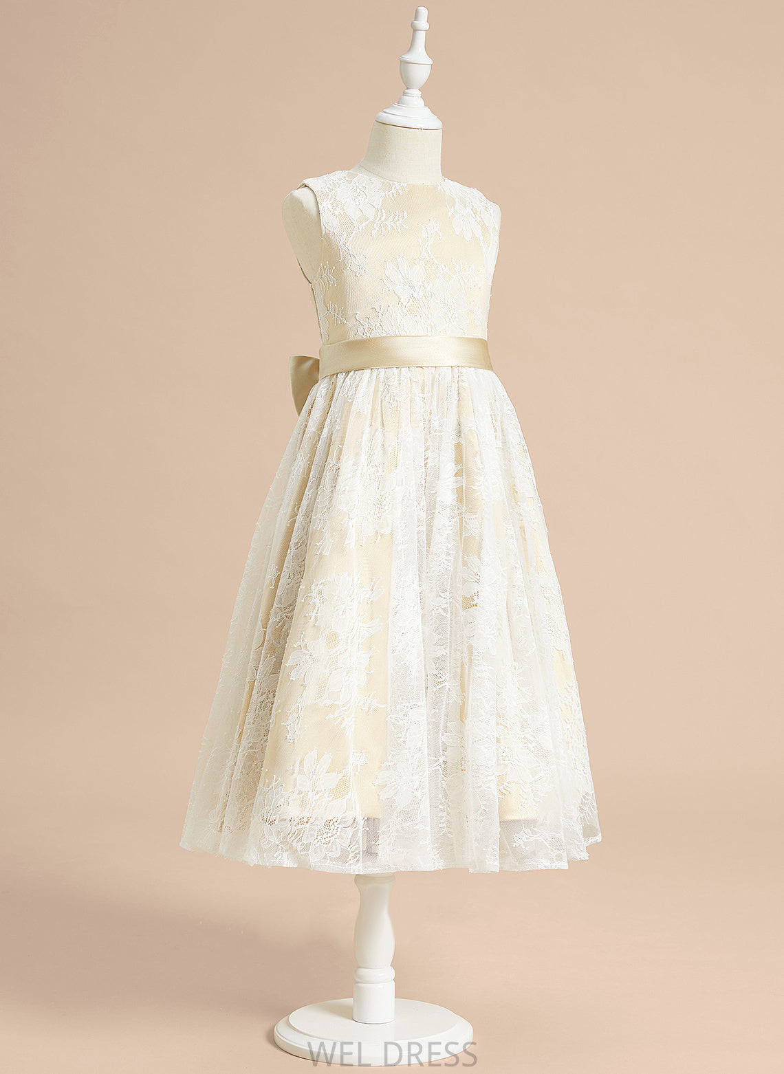 Rebekah Flower Girl Dresses Neck Tea-length Dress A-Line Sleeveless - Bow(s) Girl Flower With Scoop Satin/Lace