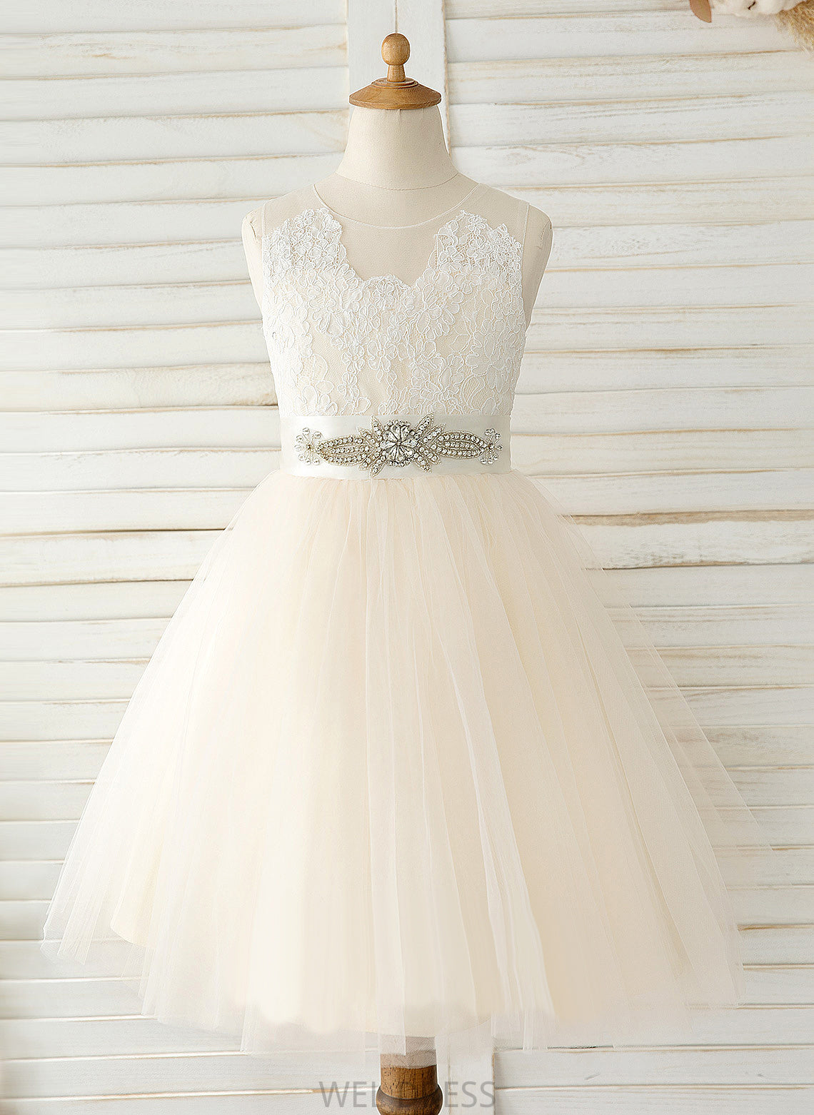 Knee-length Scoop With Tulle/Lace - Girl Neck Dress Flower A-Line Bow(s) Gillian Flower Girl Dresses Sleeveless