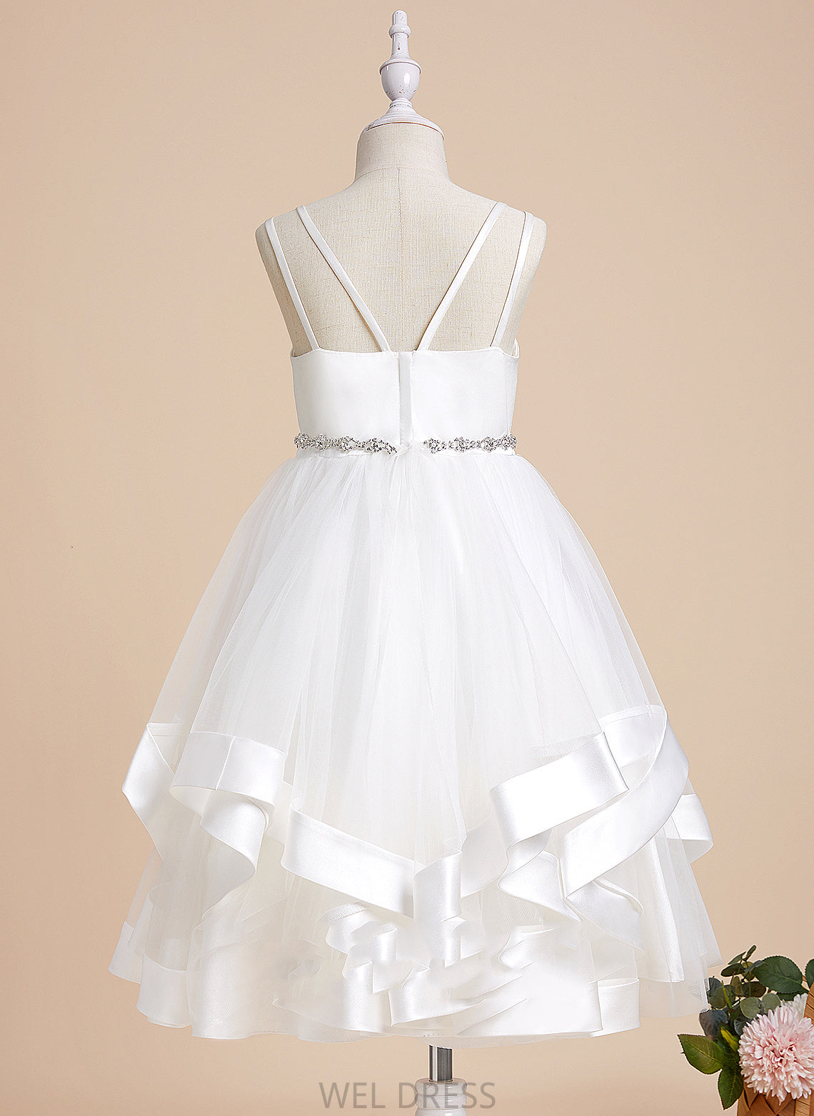 Tea-length Dress Flower Straps Girl - Carolyn Satin/Tulle Sleeveless Flower Girl Dresses With A-Line Beading