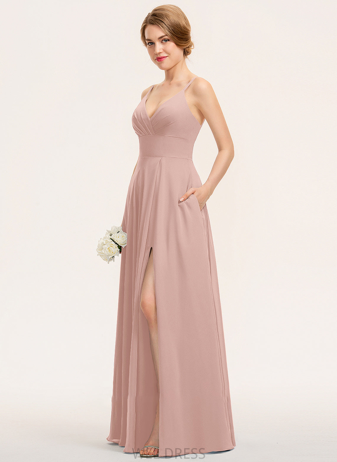 Ruffle Pockets A-Line Prom Dresses Floor-Length Chiffon V-neck Kayleigh With