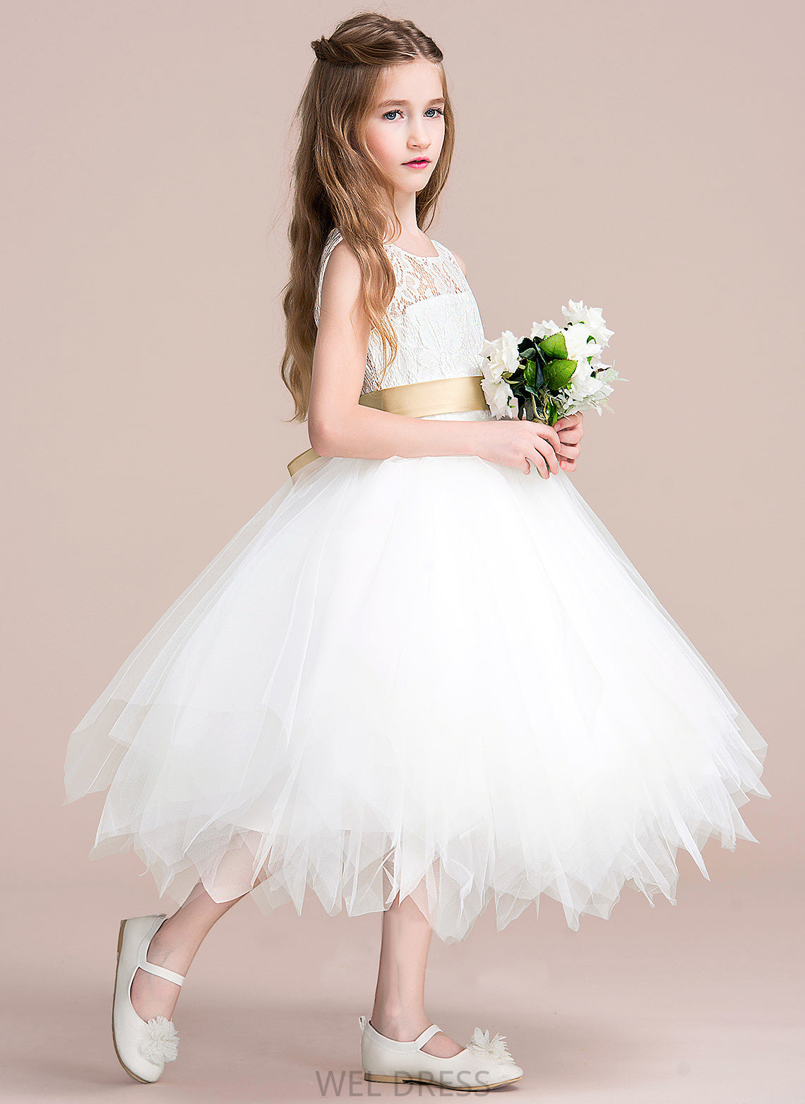 Neck Tulle/Lace Girl sash) (Detachable Scoop Tea-length With Sash/Back Hole Flower Girl Dresses Flower Sleeveless A-Line Dress - Ashlyn