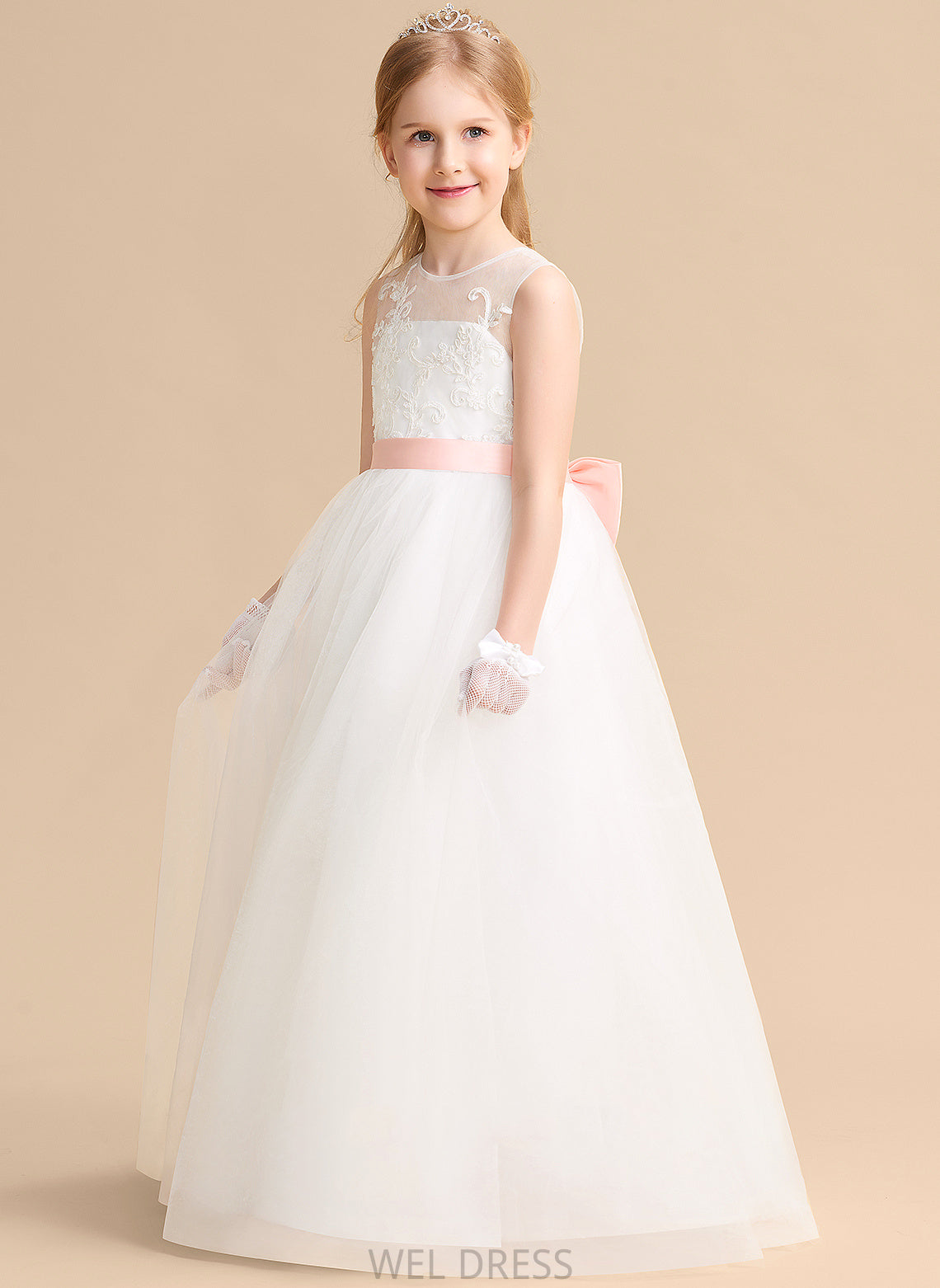 With A-Line Flower Girl Dresses Bow(s) Scoop Floor-length Dress sash) Sleeveless Satin/Tulle/Lace (Undetachable Flower Neck Kaylah - Girl