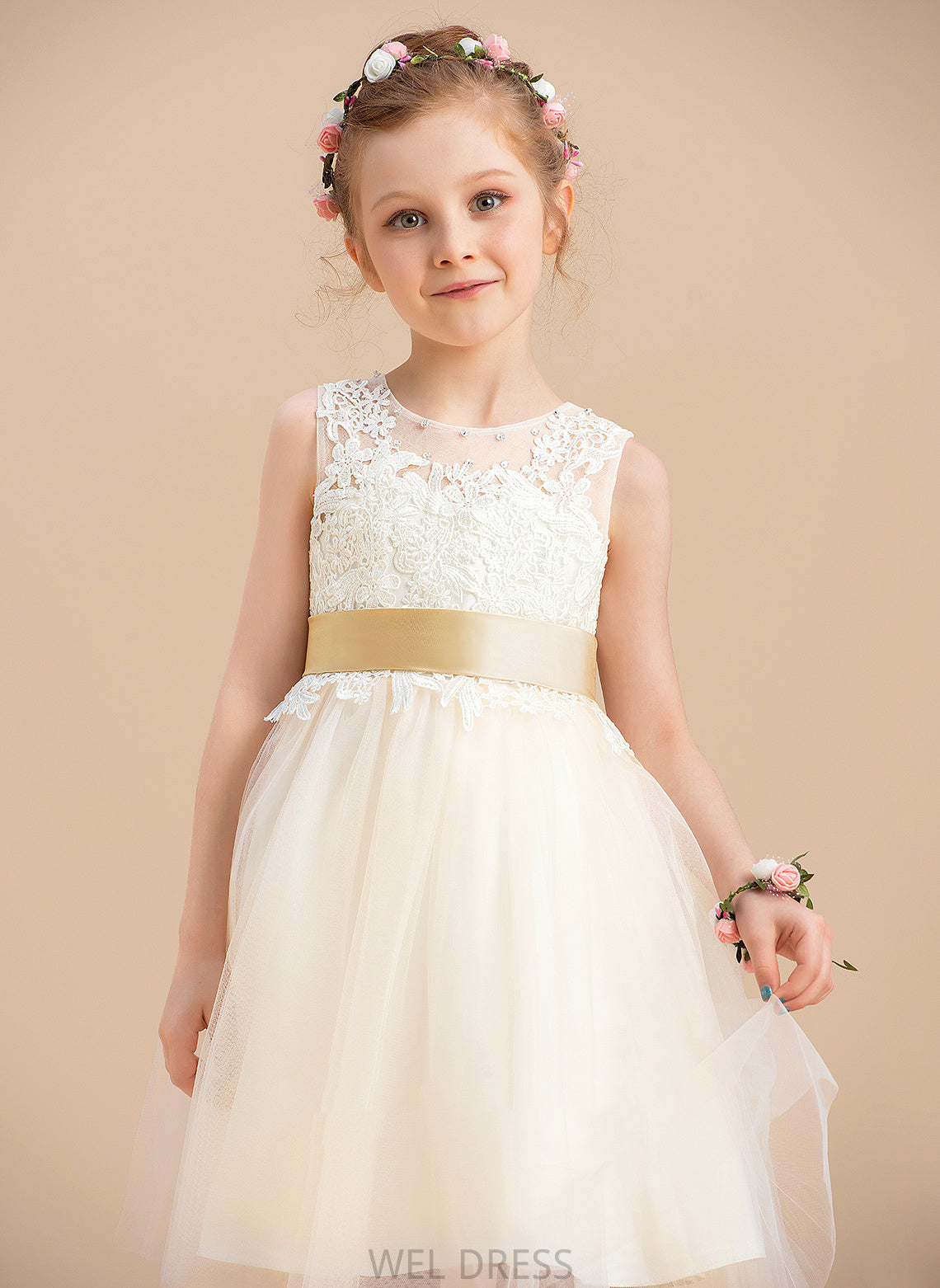 Neck Sash/Beading/Back With Hole Flower Girl Dresses Itzel - A-Line Girl Dress Scoop Sleeveless sash) (Detachable Knee-length Flower Tulle/Lace