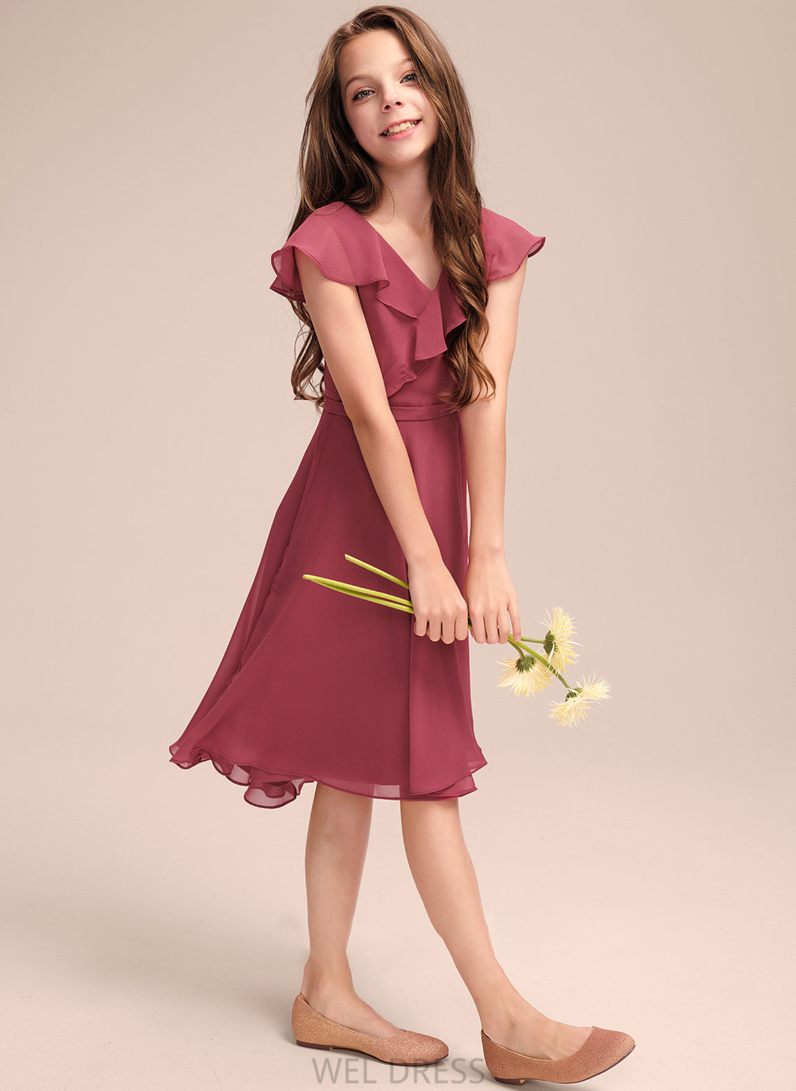 Junior Bridesmaid Dresses Asymmetrical Lilia V-neck A-Line Cascading With Chiffon Ruffles