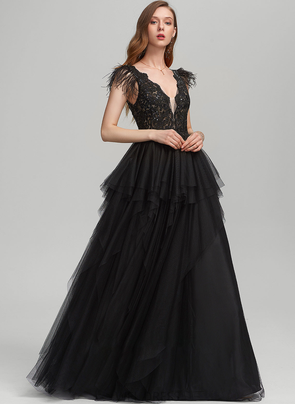 Floor-Length Ball-Gown/Princess V-neck Feather With Tulle Prom Dresses Moriah Sequins