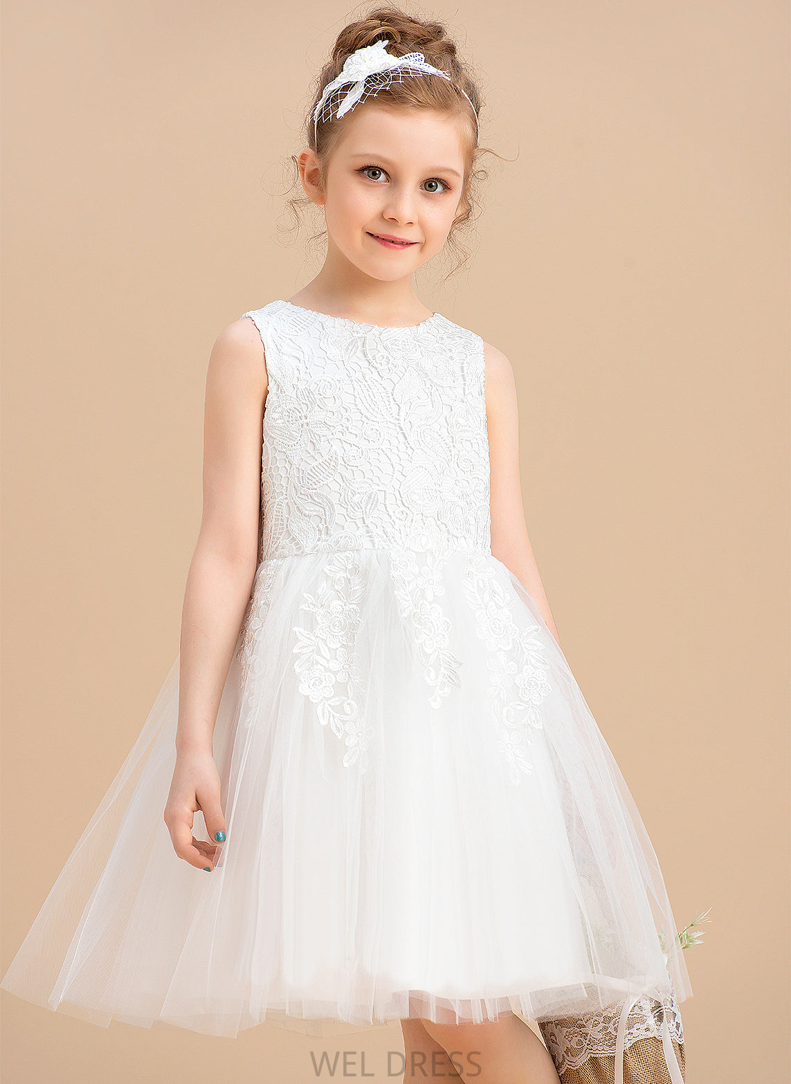 A-Line Angeline Flower Scoop Knee-length Flower Girl Dresses Girl Dress With Lace/Bow(s) Sleeveless Neck Tulle/Lace -