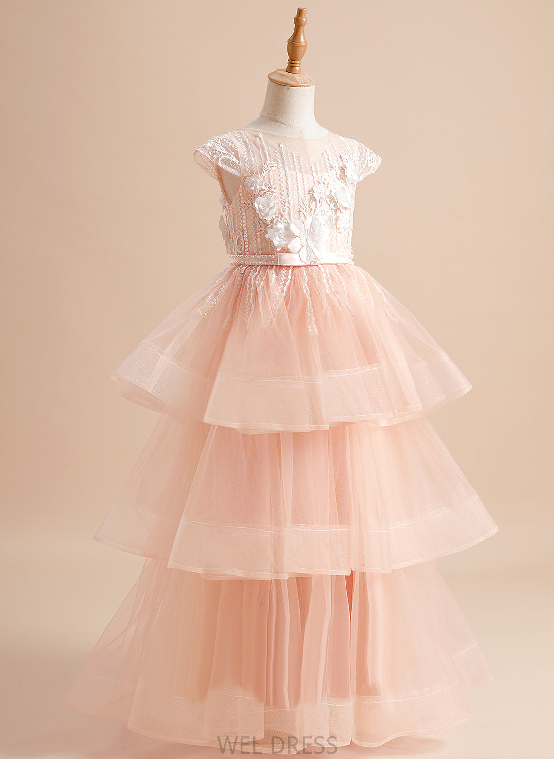 Ball-Gown/Princess Dress Tulle Sleeves Flower Girl Dresses Beading/Flower(s)/Bow(s) Hedda Girl - Floor-length Short Neck Flower With Scoop