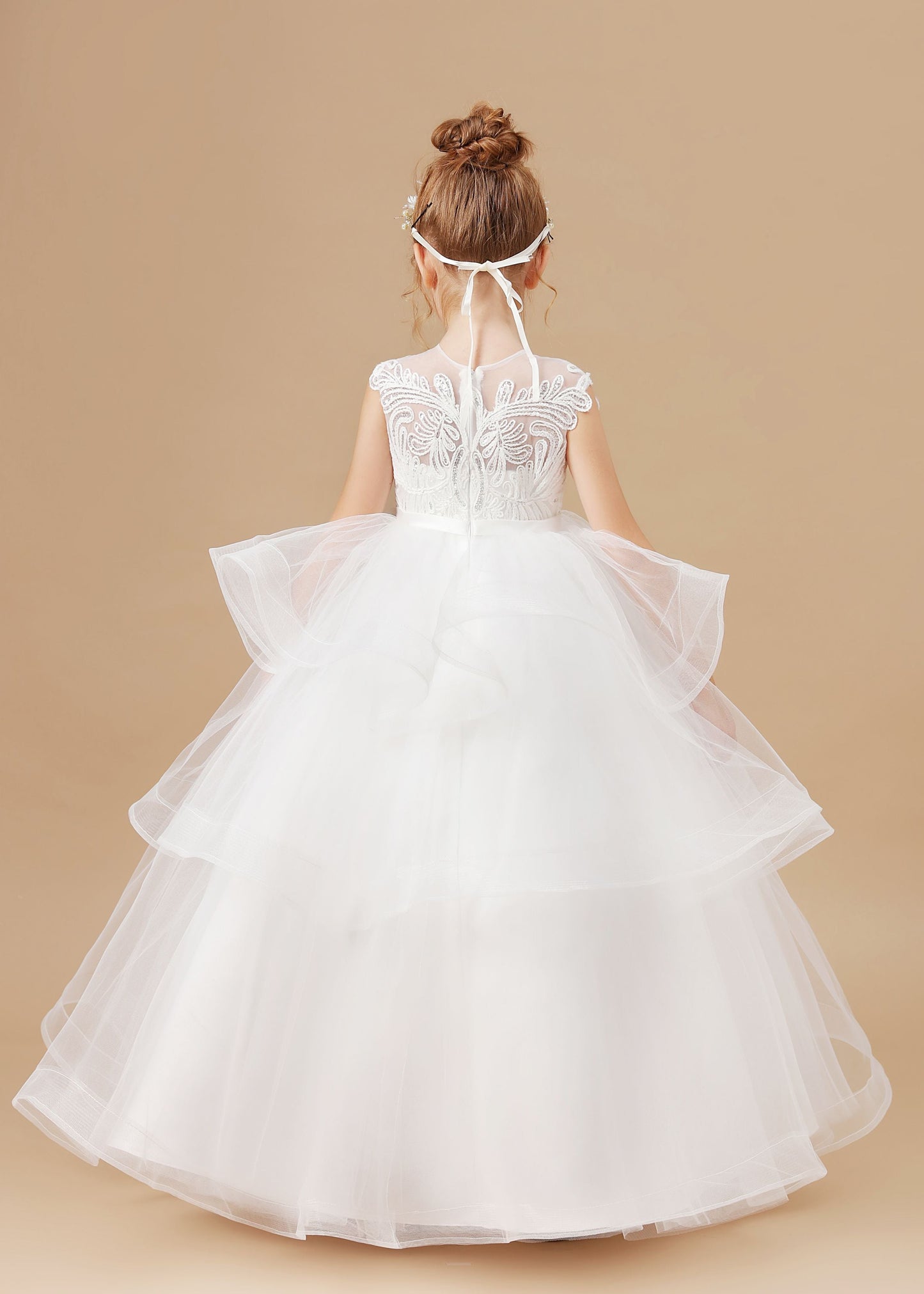 Ivory Multi-layered Tulle Ruffled Satin Flower Girl Dresses With Bow