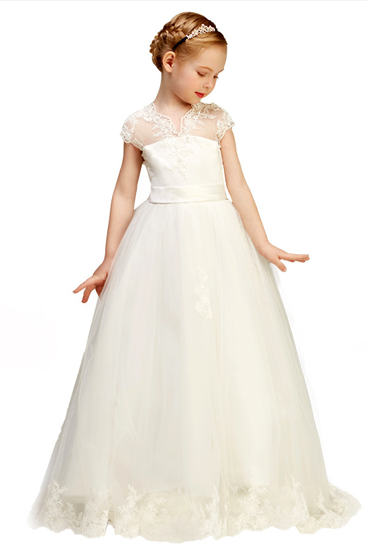 A Line Cap Sleeve Lace Appliques Flower Girl Dress