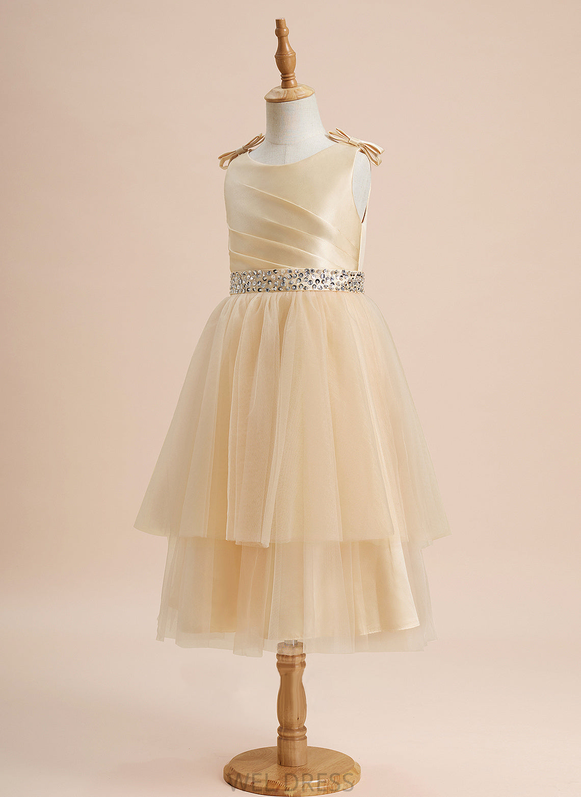 Sleeveless Scoop Camille - Girl Satin/Tulle Knee-length With Neck Beading/Sequins/Bow(s) Flower Girl Dresses Flower A-Line Dress