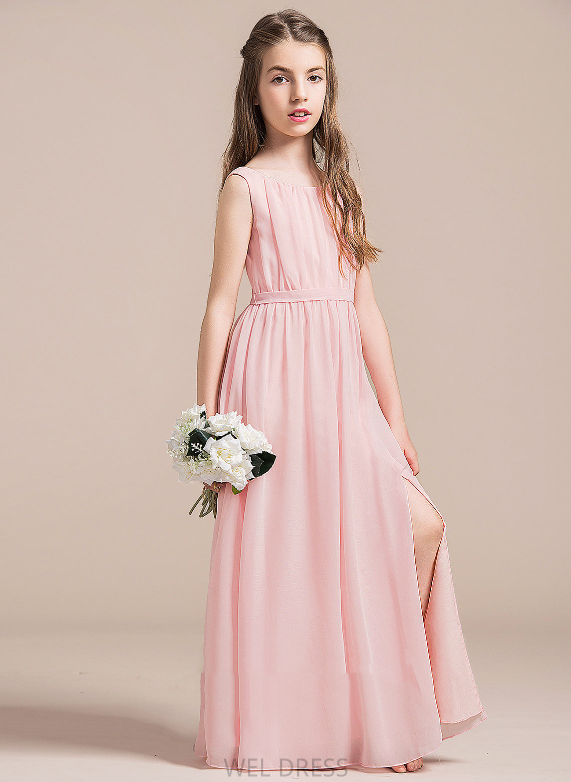 Chiffon Ruffle Junior Bridesmaid Dresses Joan Neck With Front Split Scoop A-Line Floor-Length