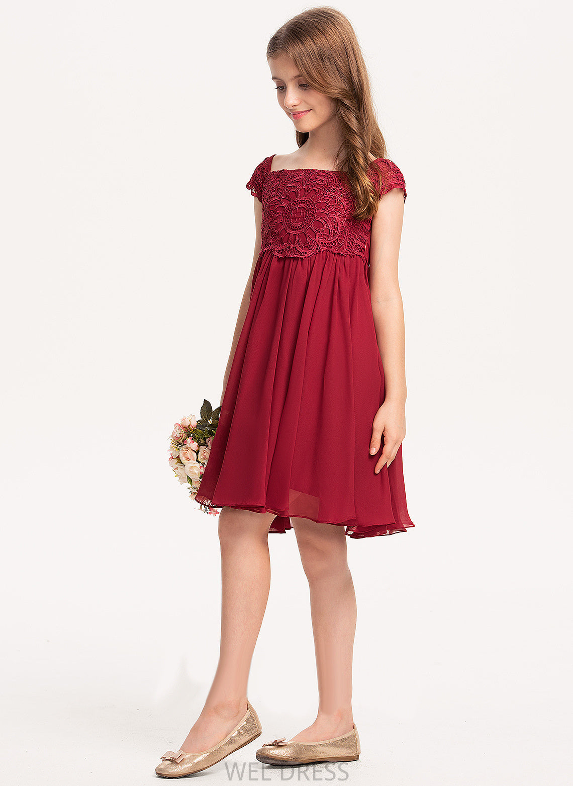 Girl Chiffon Short Flower Girl Dresses Sleeves Square Knee-length Neckline Flower - A-Line Dress Gabriela