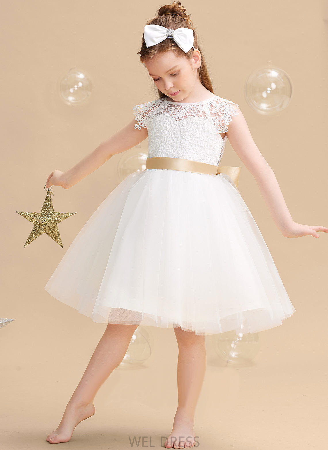 sash) Neck With A-Line Flower Girl Dresses (Undetachable Knee-length Flower Short Tulle/Lace Jaden Dress Scoop Sleeves Girl - Sash/Bow(s)