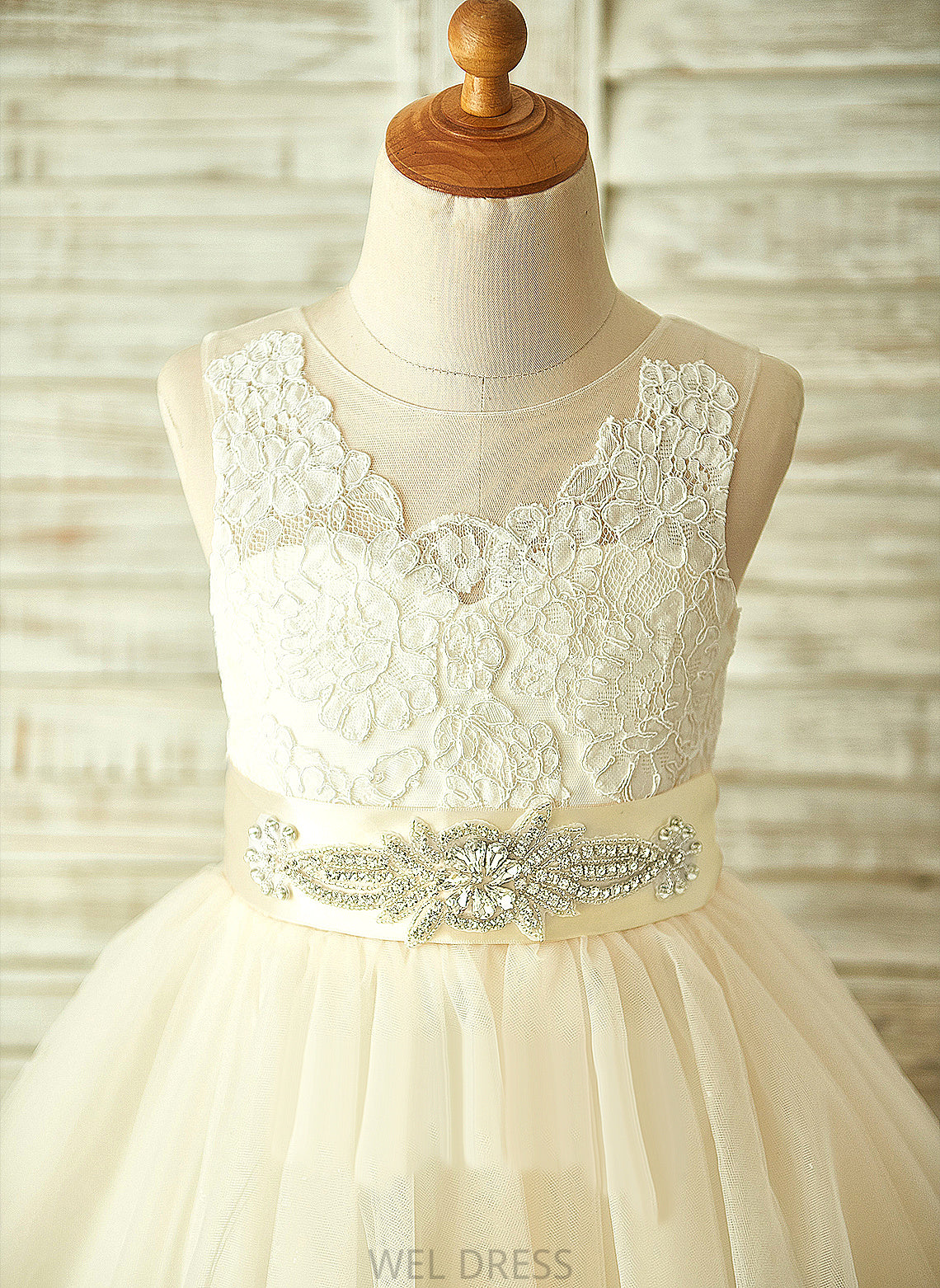 Knee-length Scoop With Tulle/Lace - Girl Neck Dress Flower A-Line Bow(s) Gillian Flower Girl Dresses Sleeveless