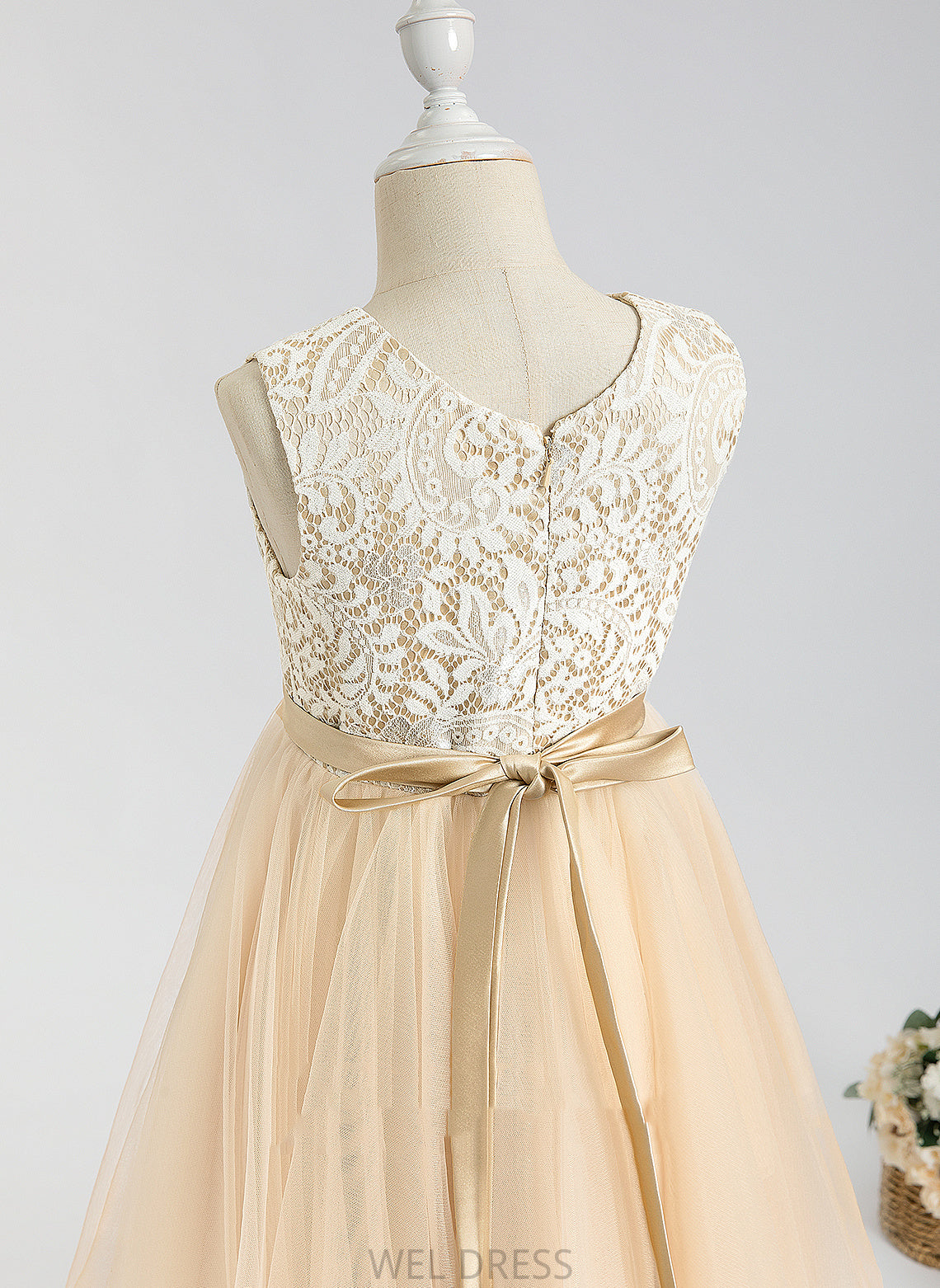 Dress Flower Carly Scalloped Flower Girl Dresses Neck With - A-Line Lace/Bow(s) Girl Tea-length Tulle Sleeveless