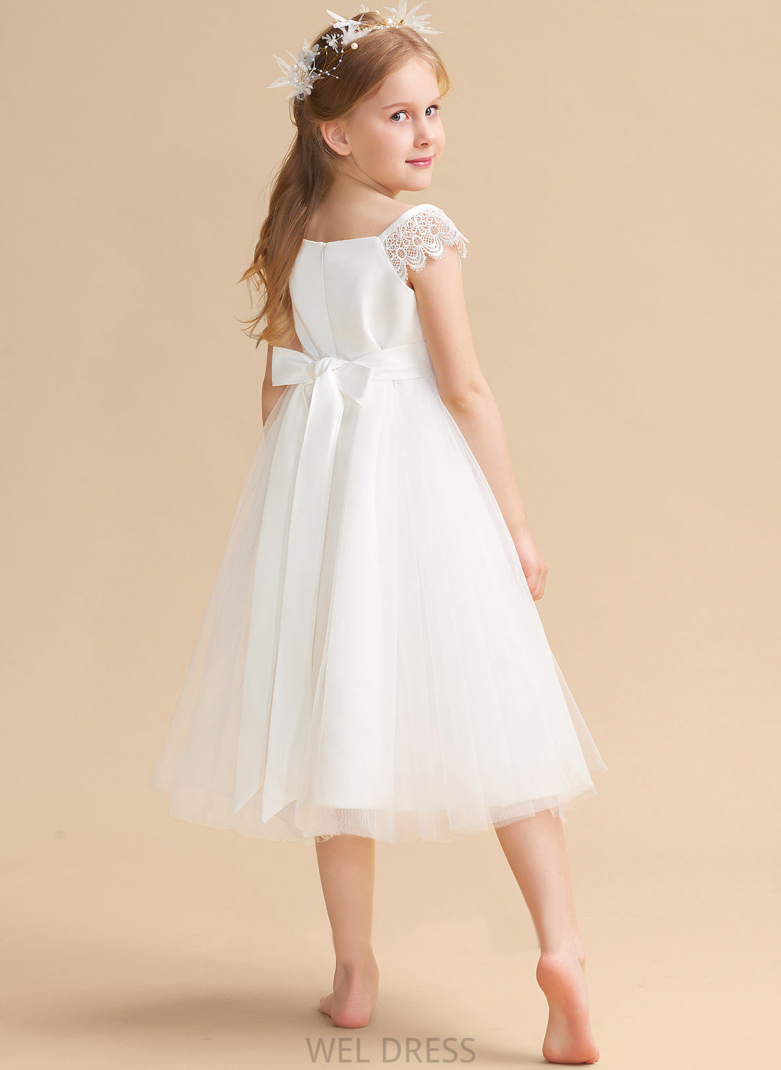 Dress Girl Tea-length Square Satin/Tulle - Flower Girl Dresses With Flower A-Line Sleeveless Tamara Neckline Lace/Sash