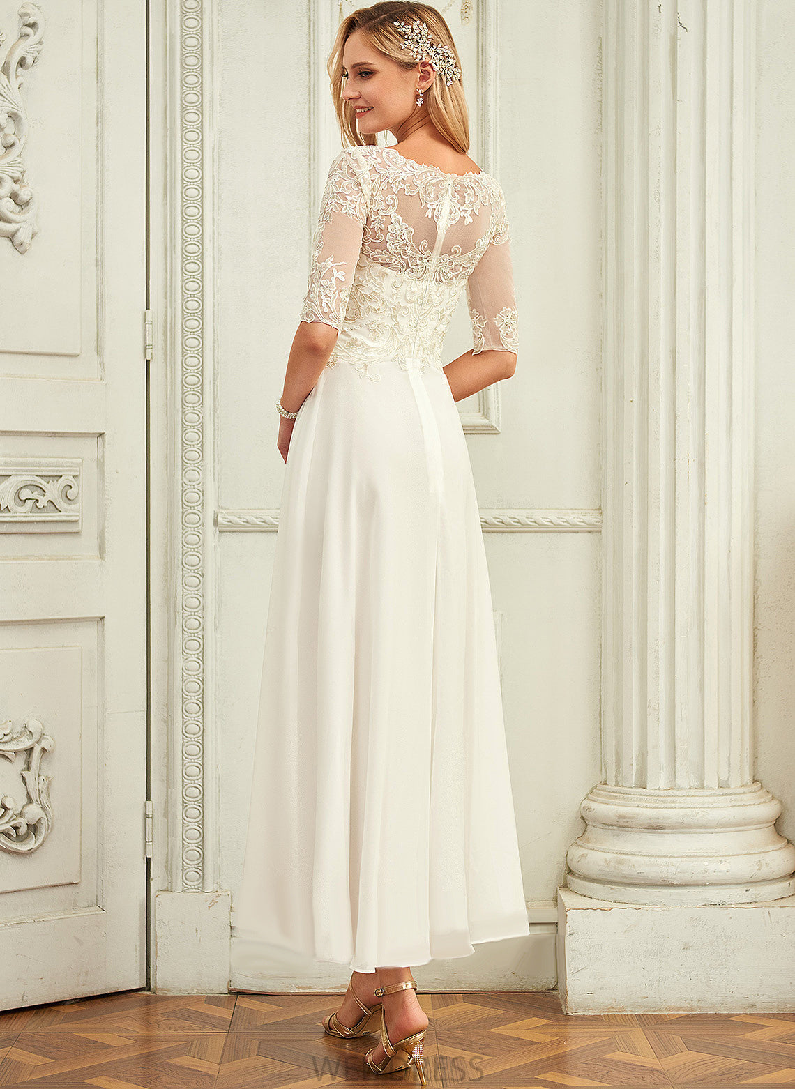 Sequins Rebekah Wedding Asymmetrical Lace Neck With Chiffon Dress Wedding Dresses Beading A-Line Scoop