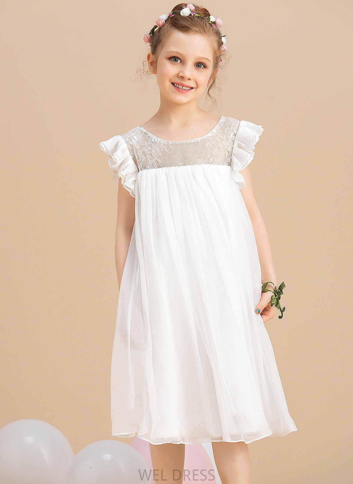 A-Line Sleeves Lace Scoop - Flower Girl Dresses Flower Dress Chiffon Short Knee-length Val With Neck Girl