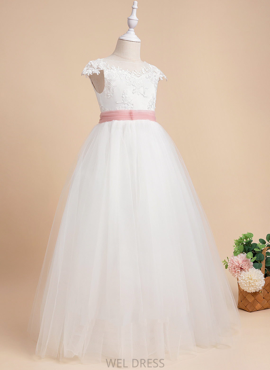 Lace/Sash Scoop Dress With Floor-length Girl Neck Lace Yuliana - Ball-Gown/Princess Flower Girl Dresses Flower Sleeveless