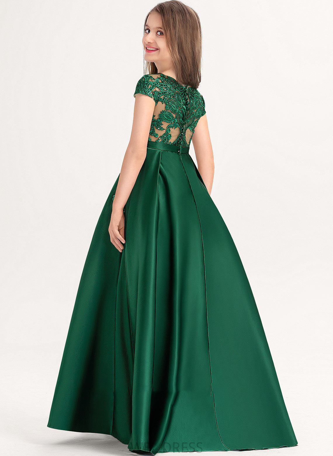 Scoop Ball-Gown/Princess Junior Bridesmaid Dresses Pockets Lace Satin Floor-Length With Neck Bow(s) Jamya