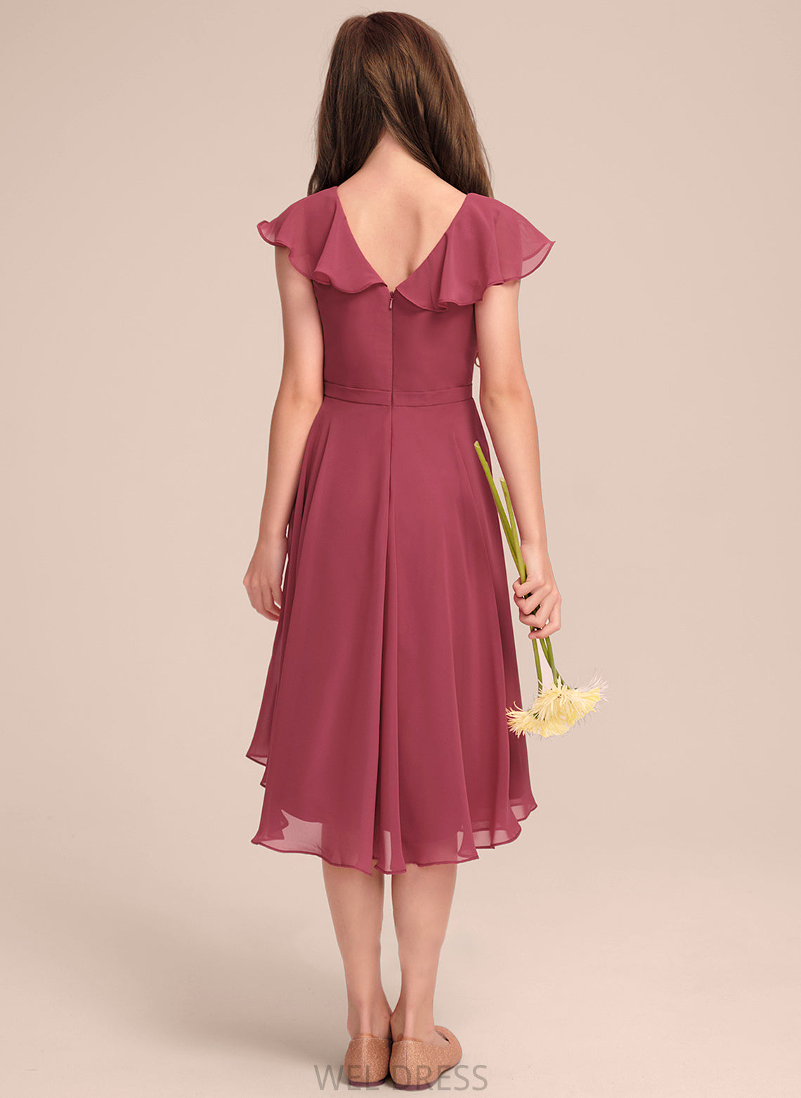 Junior Bridesmaid Dresses Asymmetrical Lilia V-neck A-Line Cascading With Chiffon Ruffles