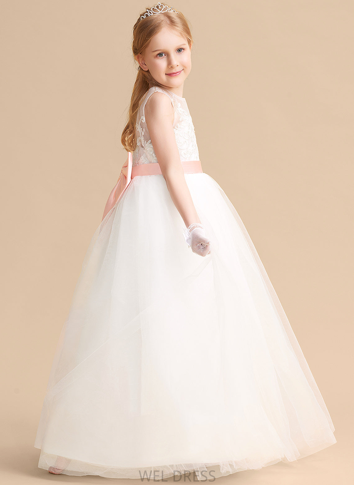 With A-Line Flower Girl Dresses Bow(s) Scoop Floor-length Dress sash) Sleeveless Satin/Tulle/Lace (Undetachable Flower Neck Kaylah - Girl