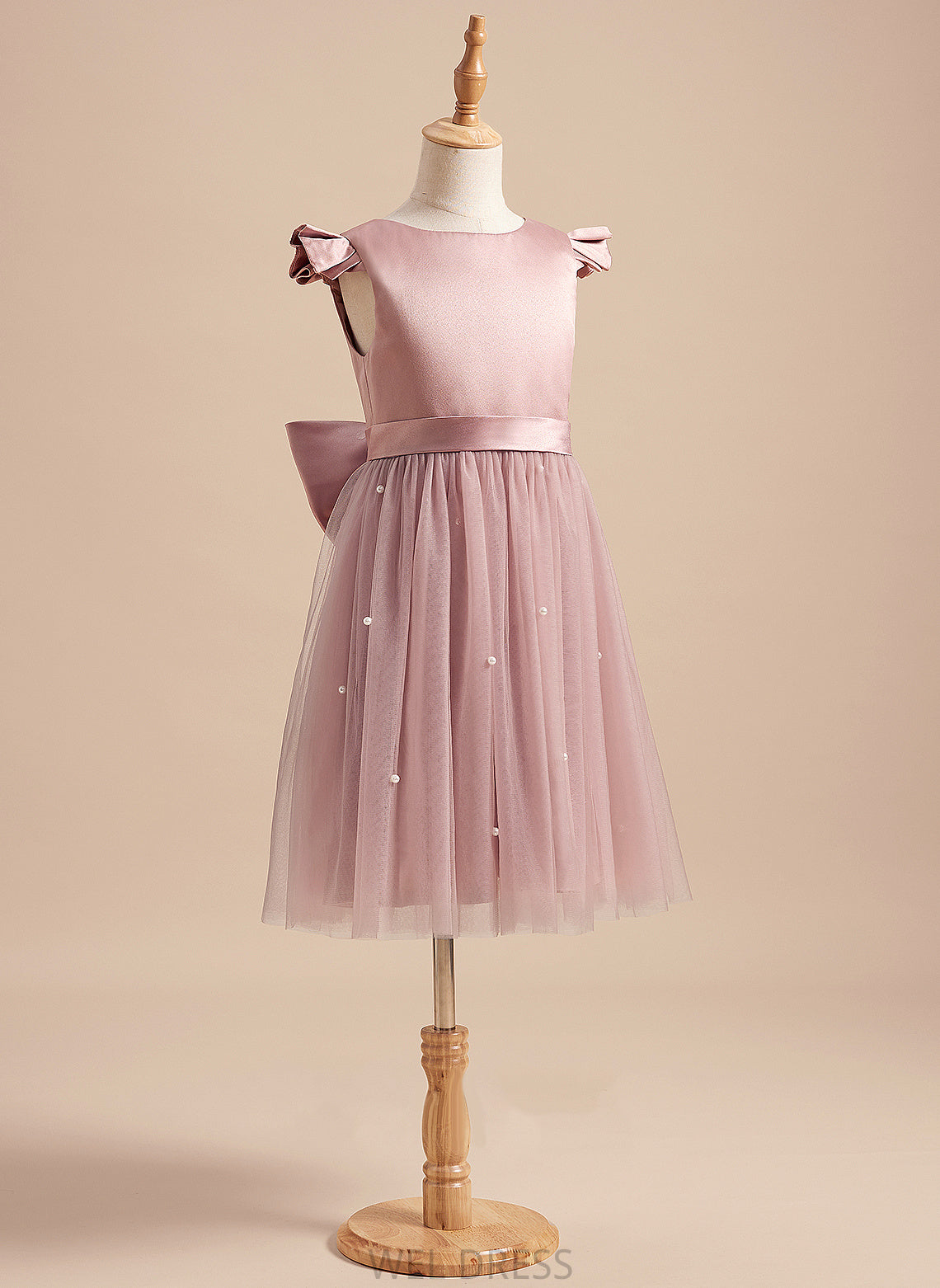 Satin/Tulle Girl Knee-length A-Line Neck Short Beading/Bow(s) Sleeves Dress Flower Girl Dresses With Scoop - Desirae Flower