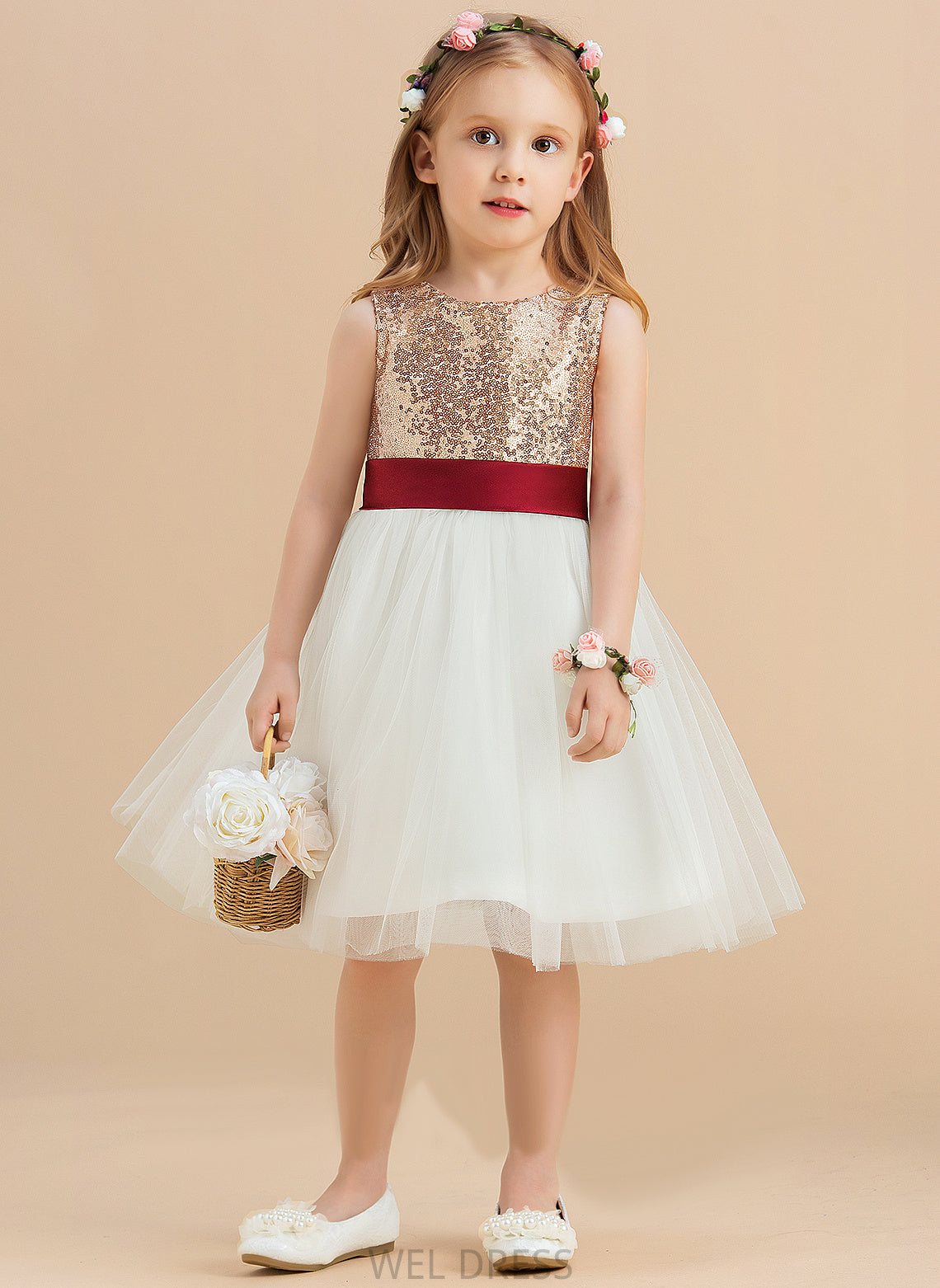 (Undetachable Lacey Flower Girl Dresses With Sequins/Bow(s) sash) Sleeveless Scoop Knee-length Neck Flower Dress - Satin/Tulle/Sequined A-Line Girl