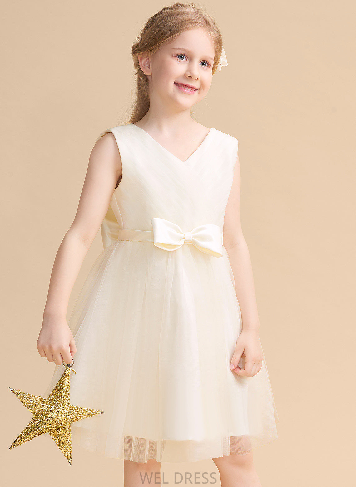 - Brenda Flower Girl Dresses Flower Sleeveless Knee-length Bow(s) Dress A-Line Tulle V-neck Girl With