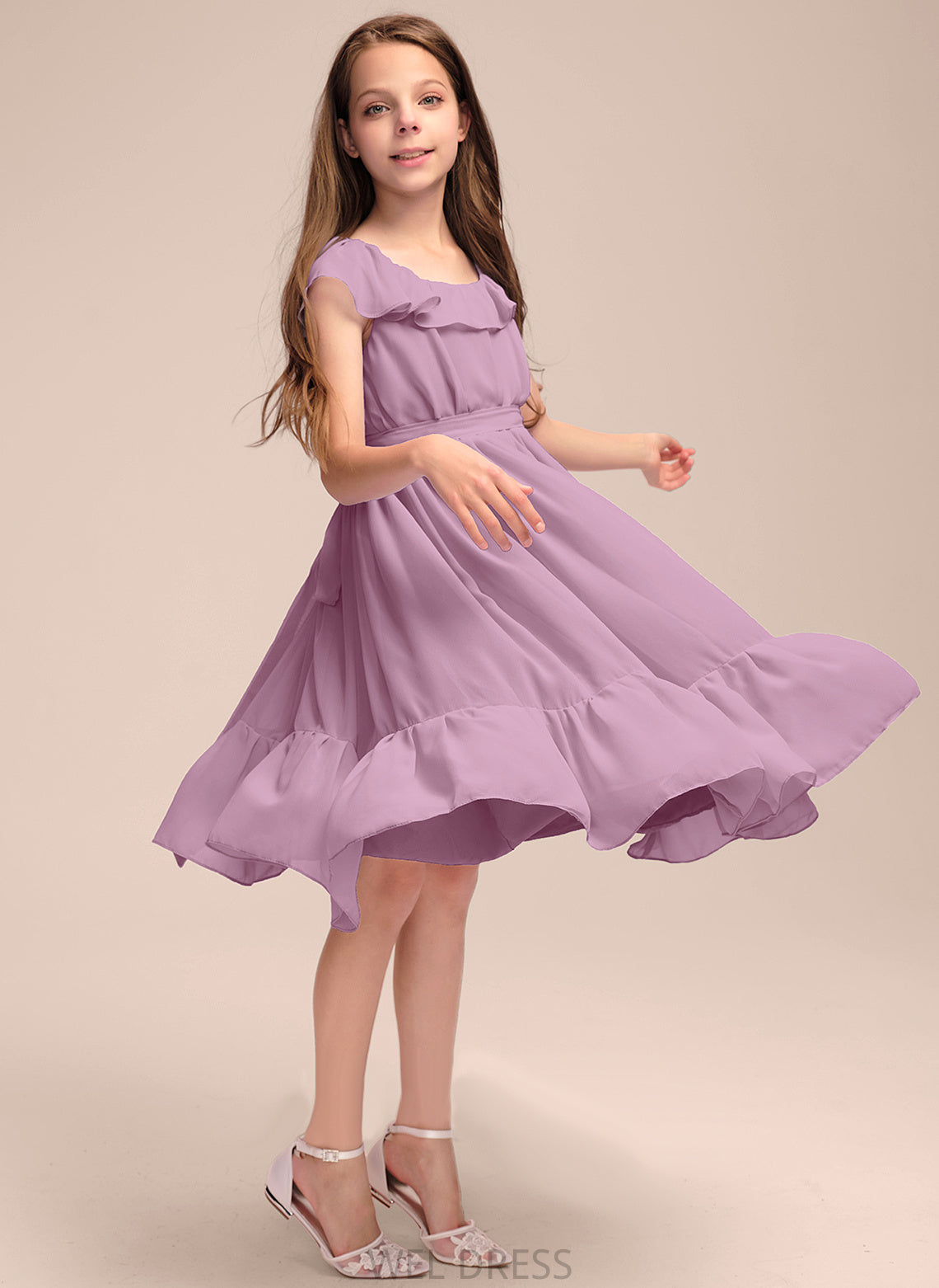 A-Line Ruffles With Junior Bridesmaid Dresses Chiffon Bow(s) Knee-Length Neck Cascading Scoop Veronica