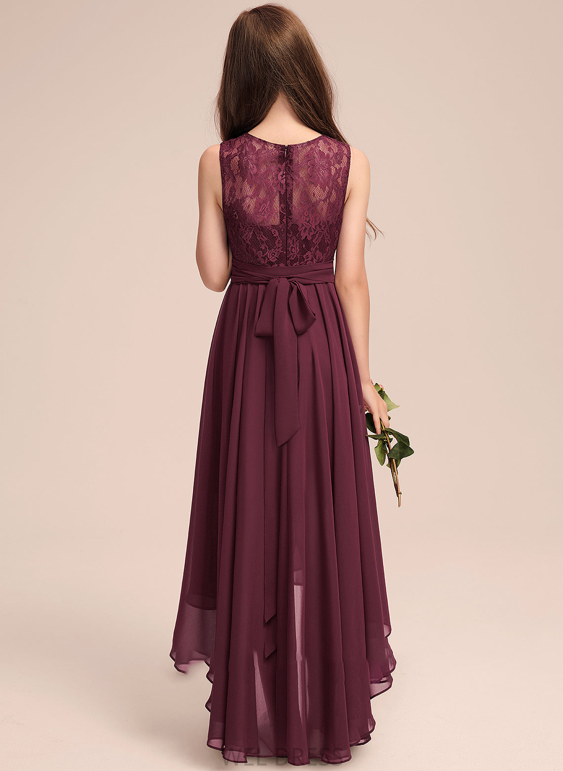 Beatrice A-Line Scoop Junior Bridesmaid Dresses With Chiffon Bow(s) Lace Asymmetrical Neck