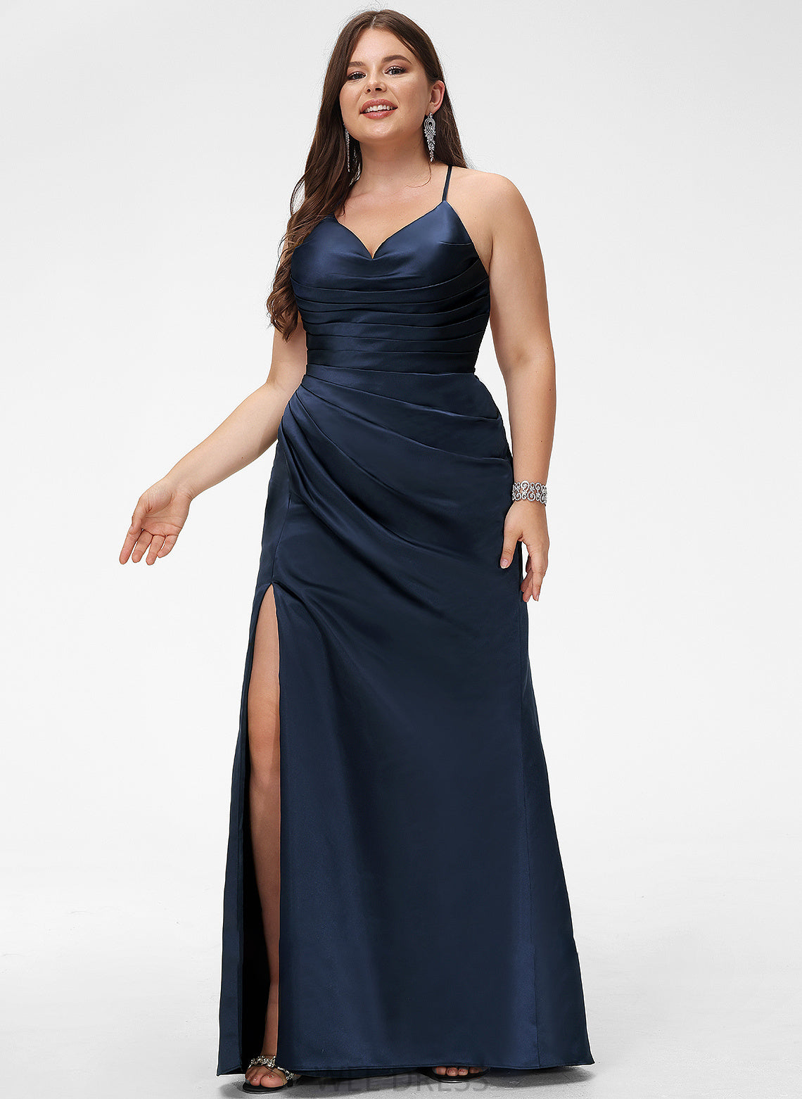 Satin Sheath/Column With Prom Dresses Floor-Length Athena V-neck Pleated