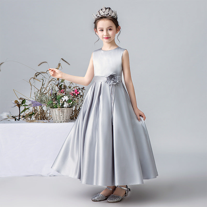 A Line Silver Sleeveless Flower Girl Dresses With Flower Belt