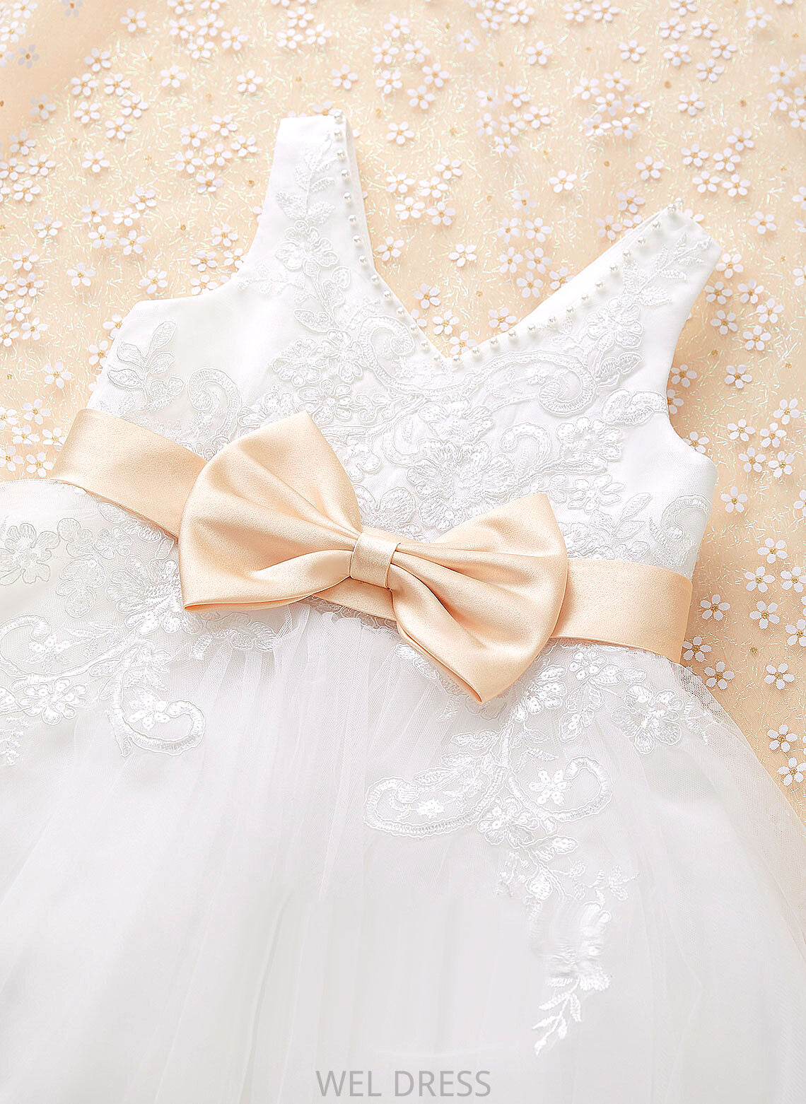 V-neck Flower Girl Dresses Knee-length A-Line - With Girl Flower Sash/Beading/Bow(s) Tulle/Lace Ellen Dress Sleeveless