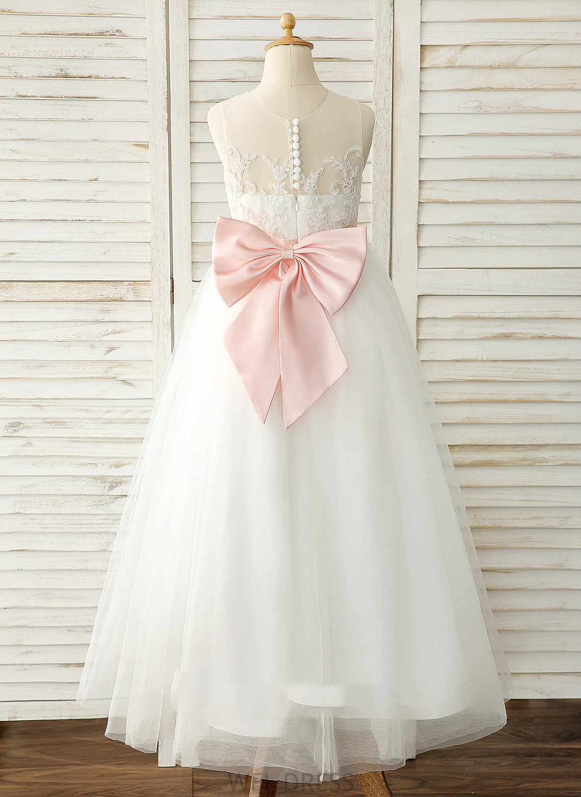 With A-Line Flower Girl Dresses Bow(s) Scoop Floor-length Dress sash) Sleeveless Satin/Tulle/Lace (Undetachable Flower Neck Kaylah - Girl