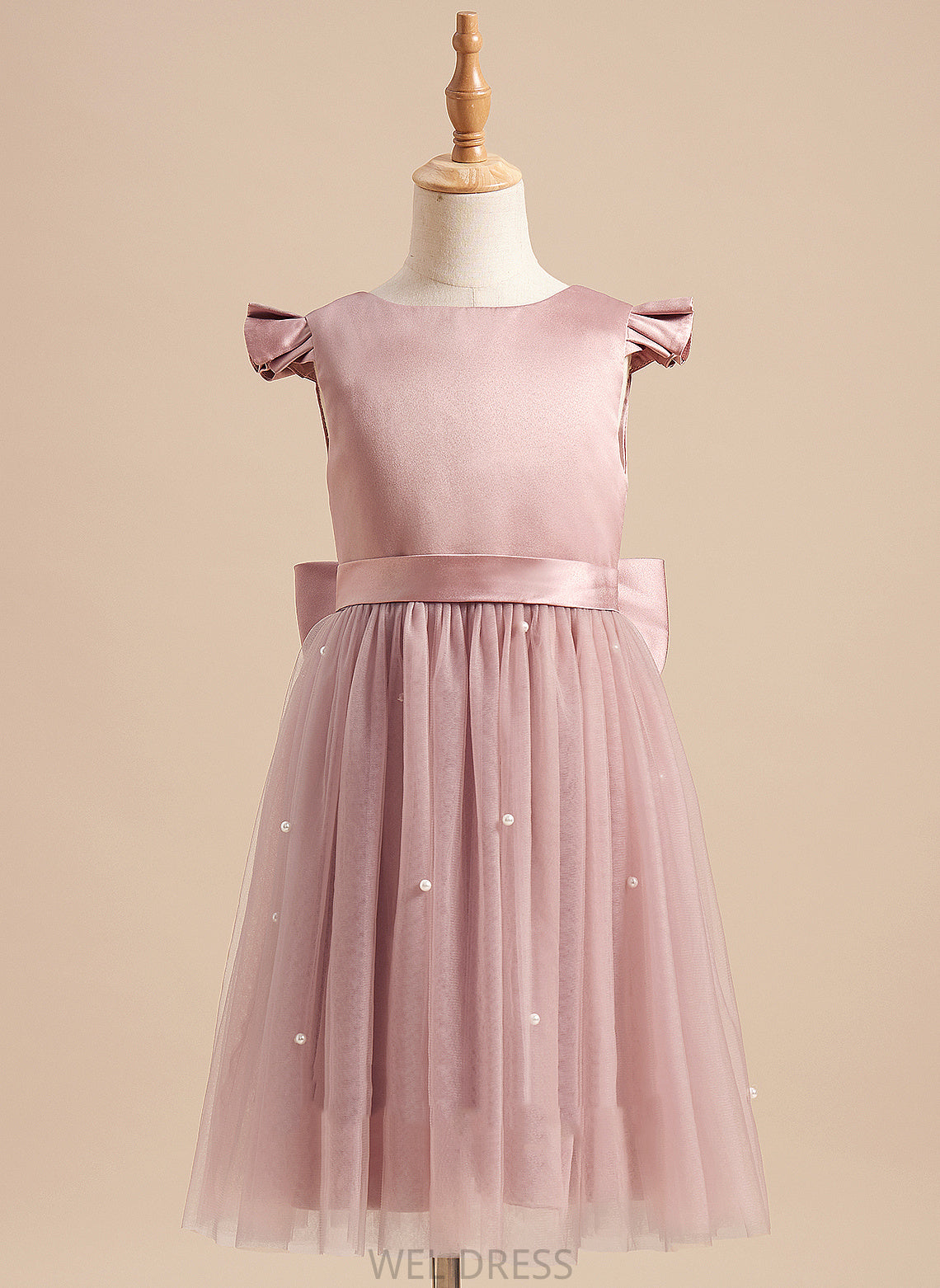 Satin/Tulle Girl Knee-length A-Line Neck Short Beading/Bow(s) Sleeves Dress Flower Girl Dresses With Scoop - Desirae Flower