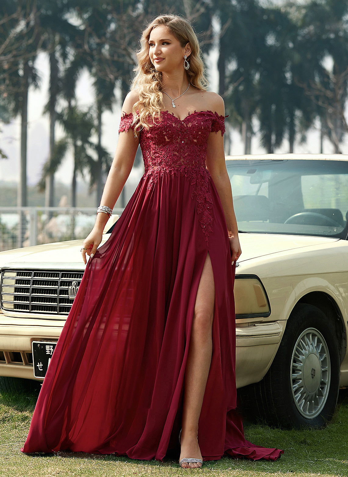 Chiffon With Lace Kimora Sweep A-Line Sequins Off-the-Shoulder Prom Dresses Train