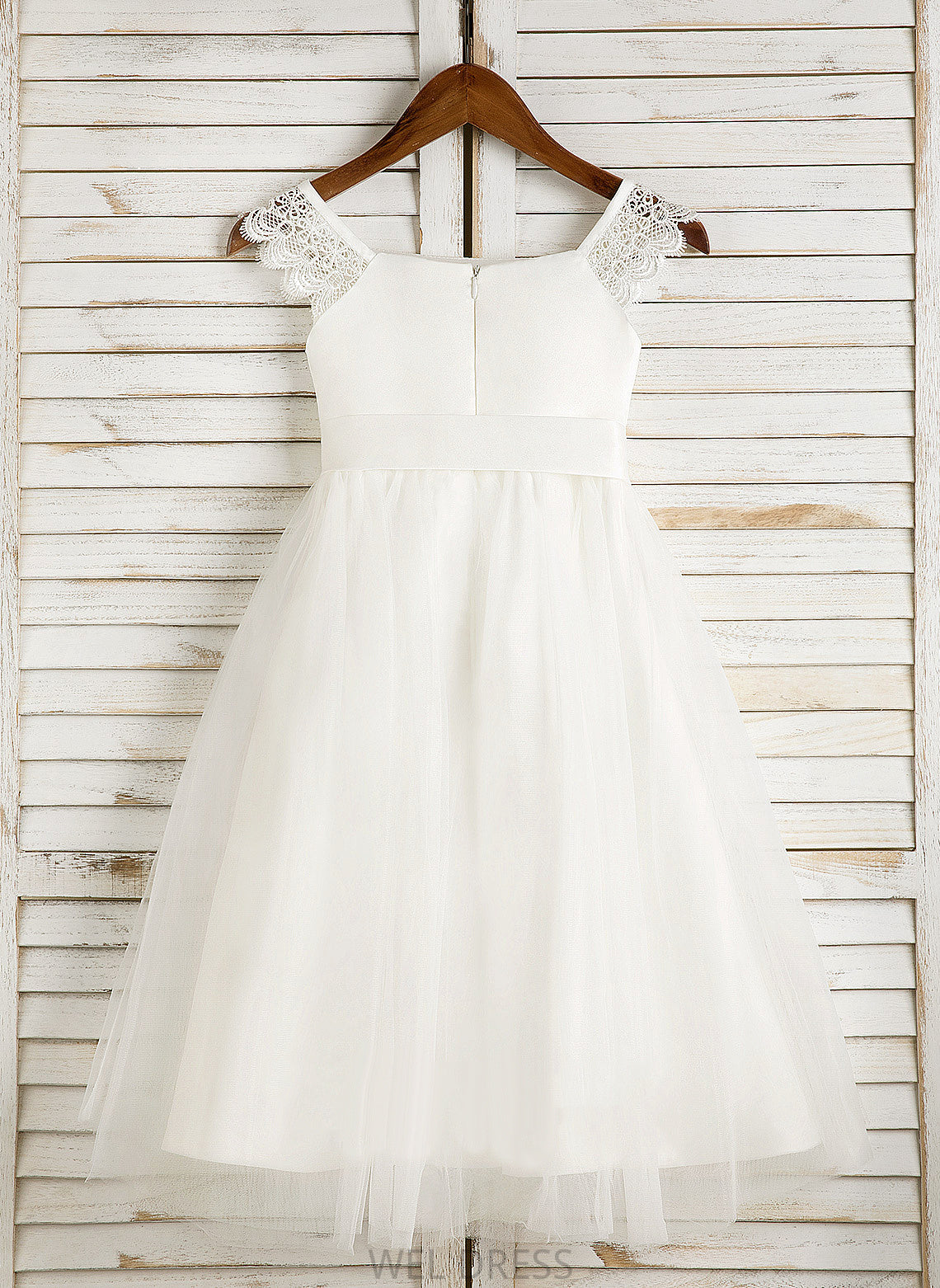 Dress Girl Tea-length Square Satin/Tulle - Flower Girl Dresses With Flower A-Line Sleeveless Tamara Neckline Lace/Sash