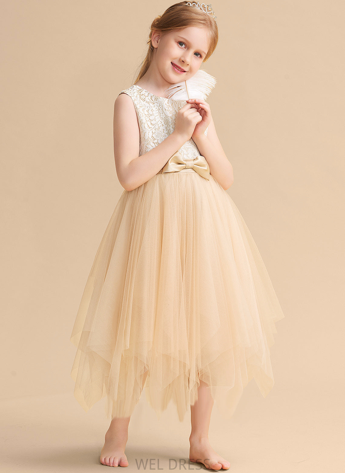 Dress Flower Carly Scalloped Flower Girl Dresses Neck With - A-Line Lace/Bow(s) Girl Tea-length Tulle Sleeveless