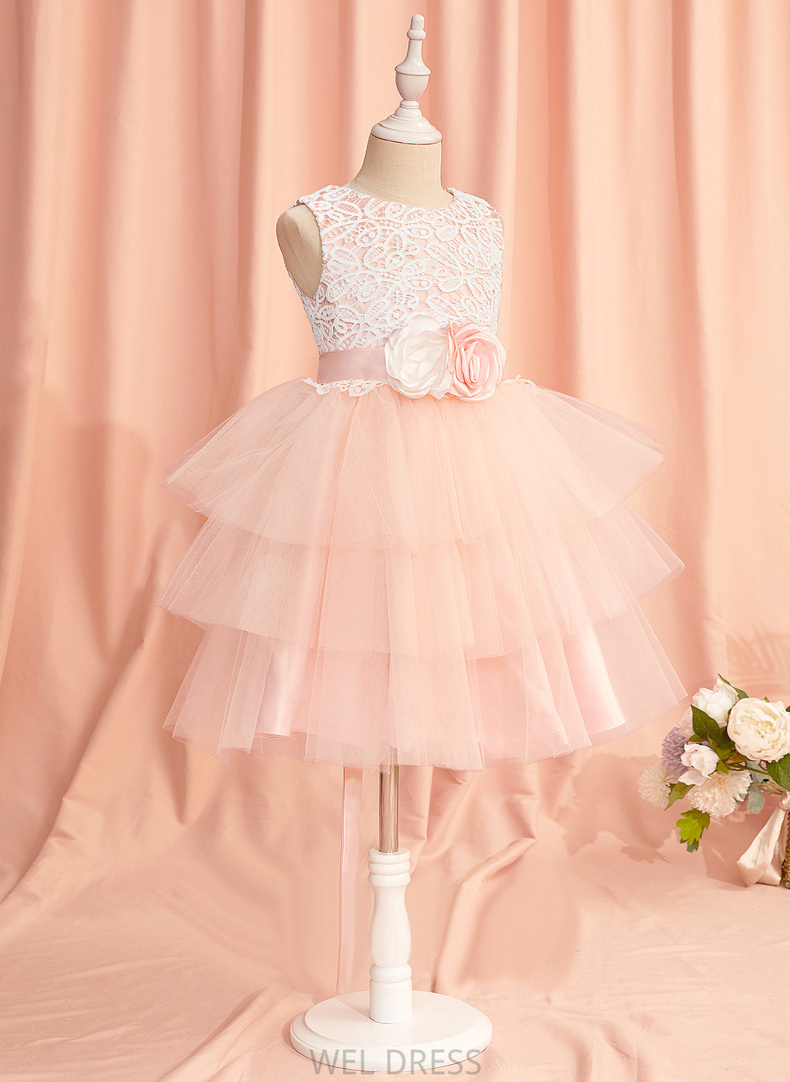 With Flower Neck Matilda Satin/Tulle Scoop Hole Flower Girl Dresses - Lace/Flower(s)/Back Dress Girl Sleeveless Knee-length Ball-Gown/Princess