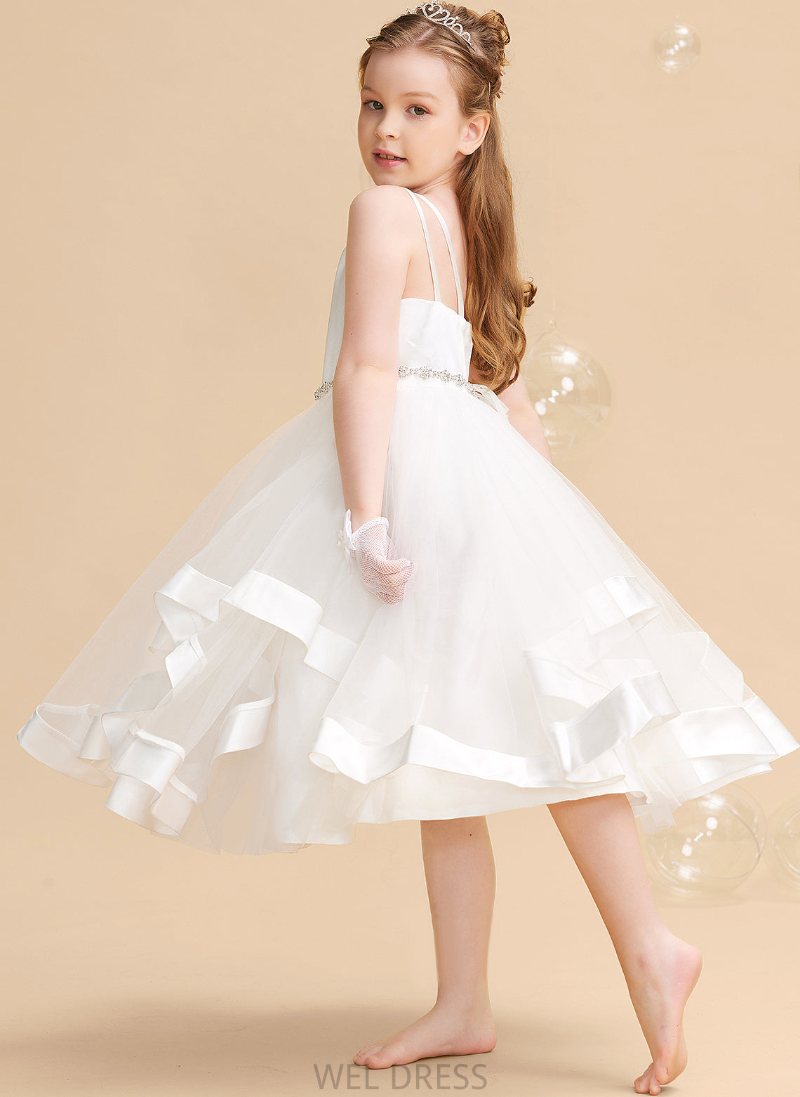 Tea-length Dress Flower Straps Girl - Carolyn Satin/Tulle Sleeveless Flower Girl Dresses With A-Line Beading