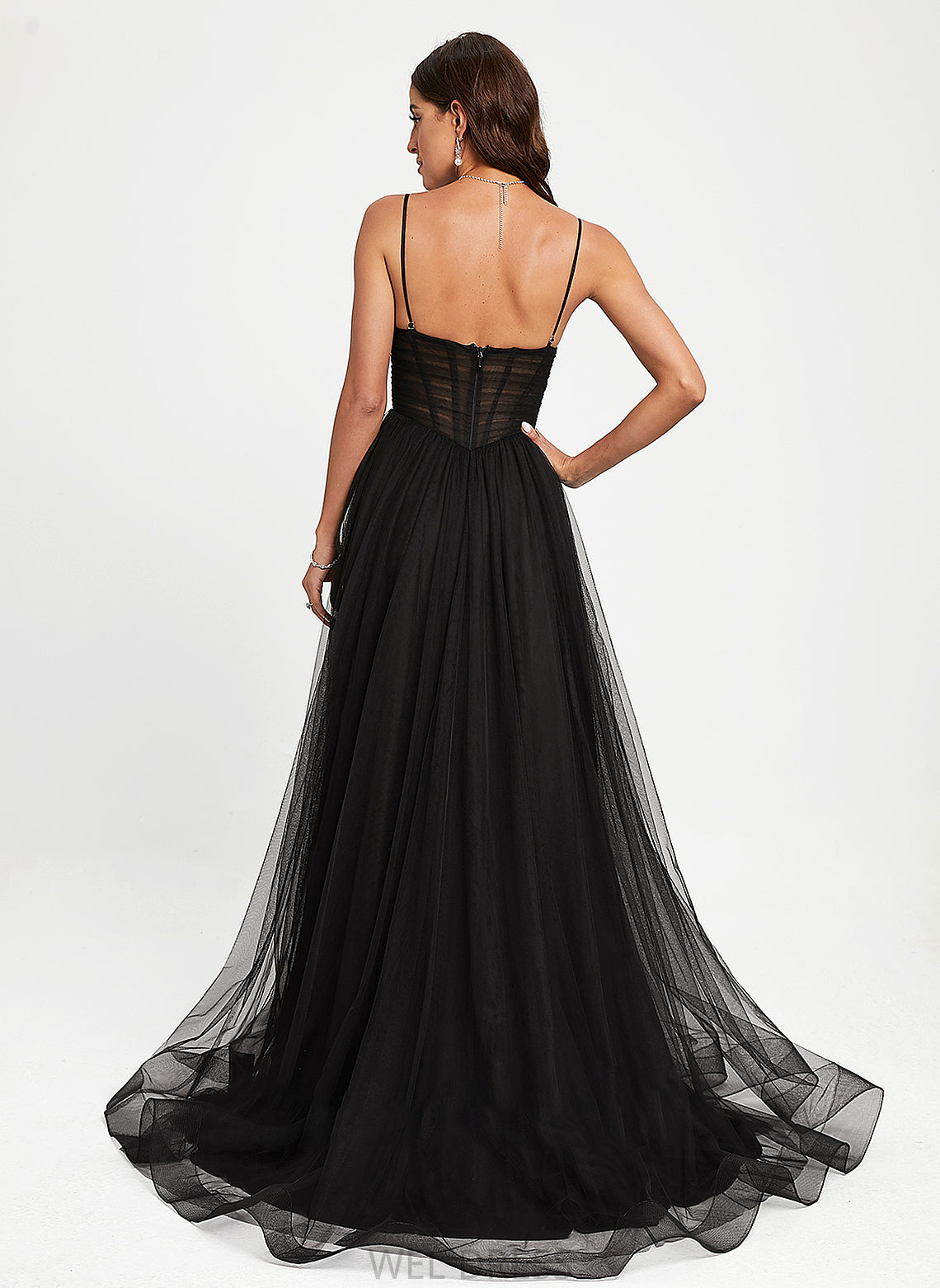 Ball-Gown/Princess Sweep V-neck With Addison Prom Dresses Tulle Train Pleated