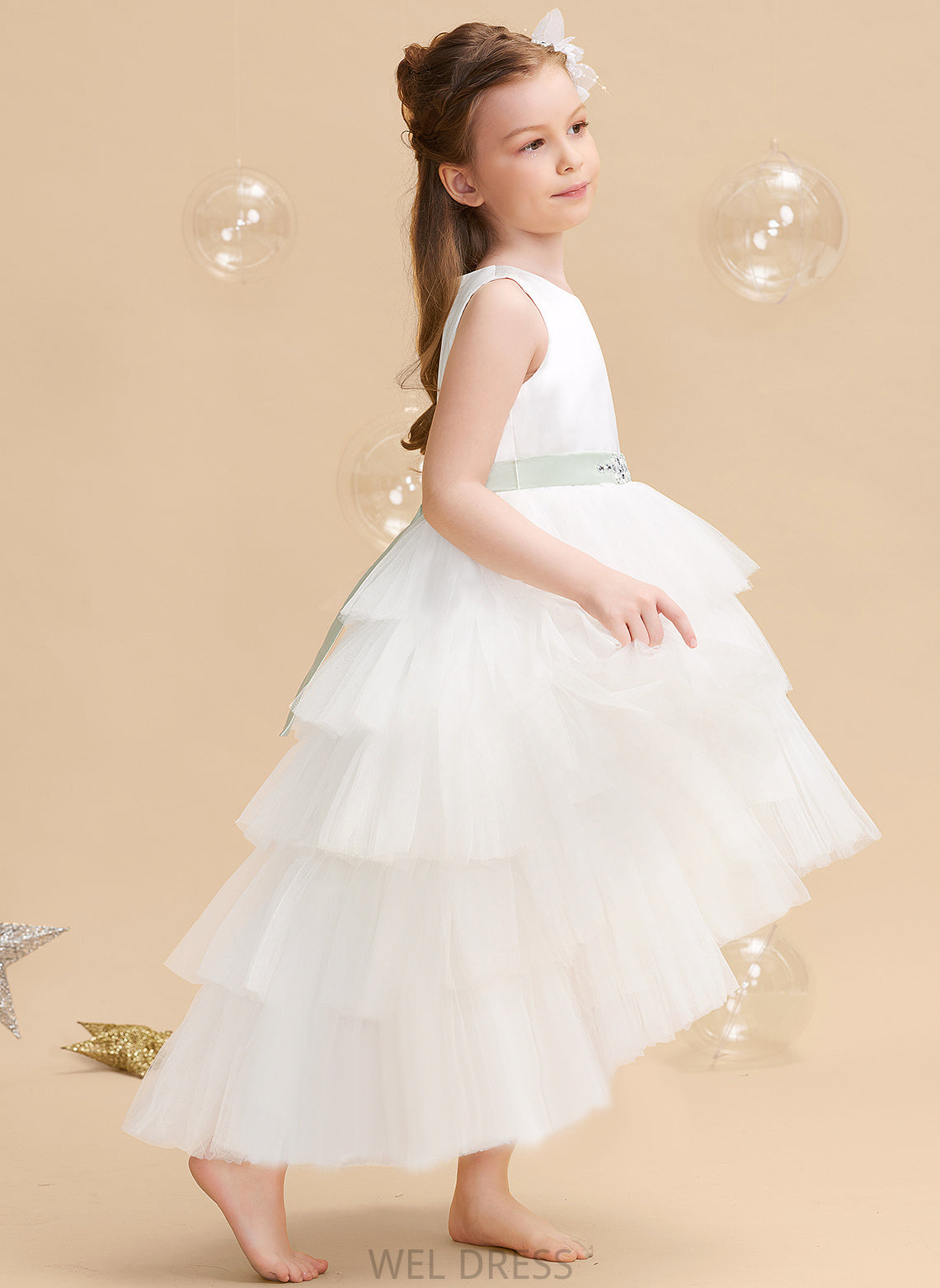 Madeleine Scoop Flower Girl Dresses Asymmetrical Dress (Detachable Neck Flower Sleeveless sash) Sash/Beading With Girl - Ball-Gown/Princess Tulle