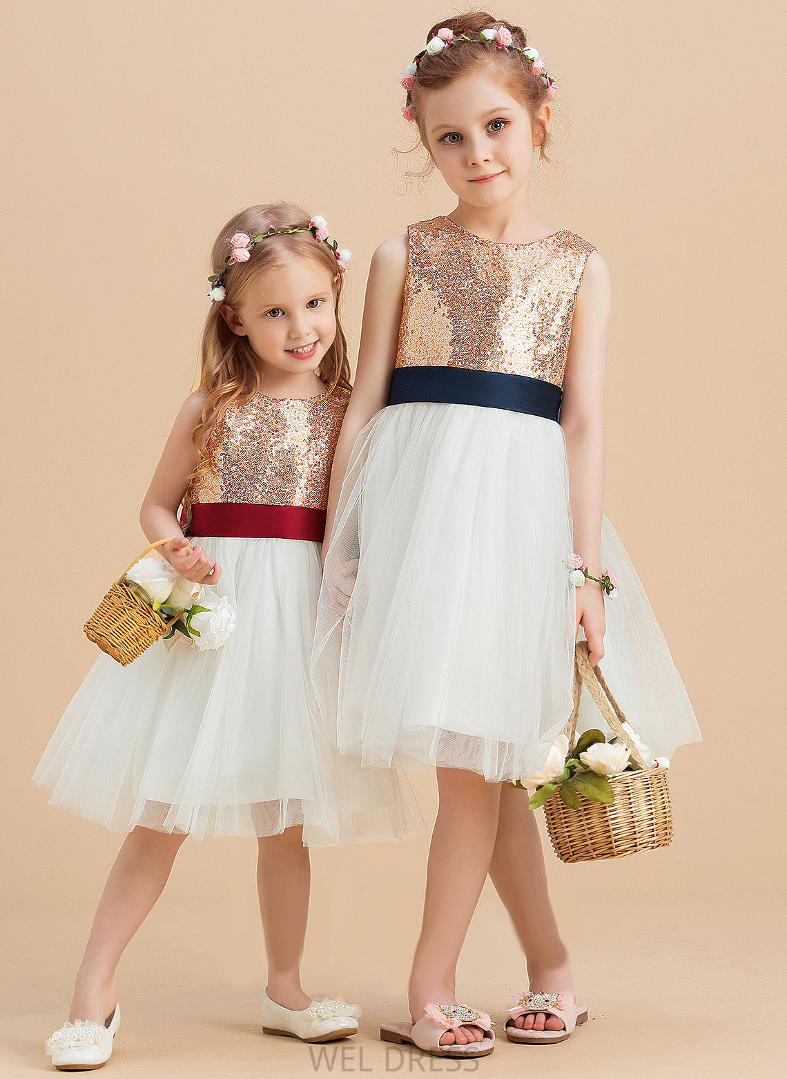 (Undetachable Lacey Flower Girl Dresses With Sequins/Bow(s) sash) Sleeveless Scoop Knee-length Neck Flower Dress - Satin/Tulle/Sequined A-Line Girl