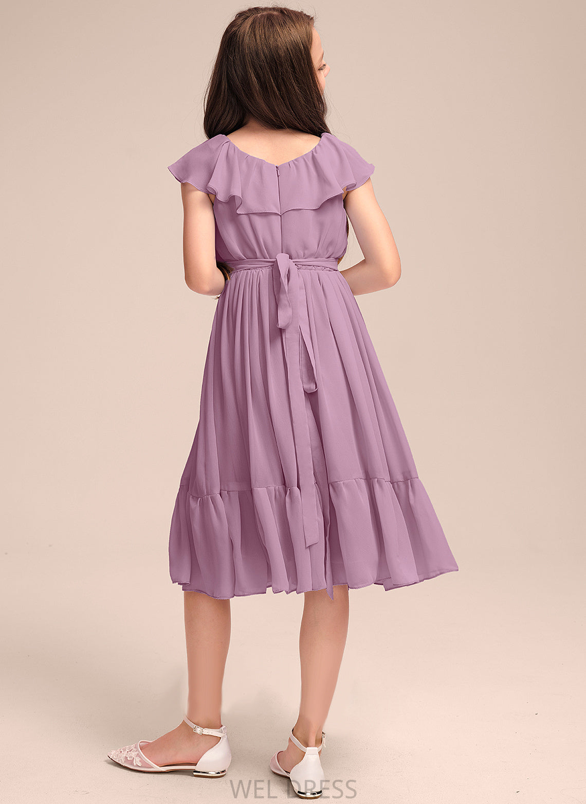 A-Line Ruffles With Junior Bridesmaid Dresses Chiffon Bow(s) Knee-Length Neck Cascading Scoop Veronica