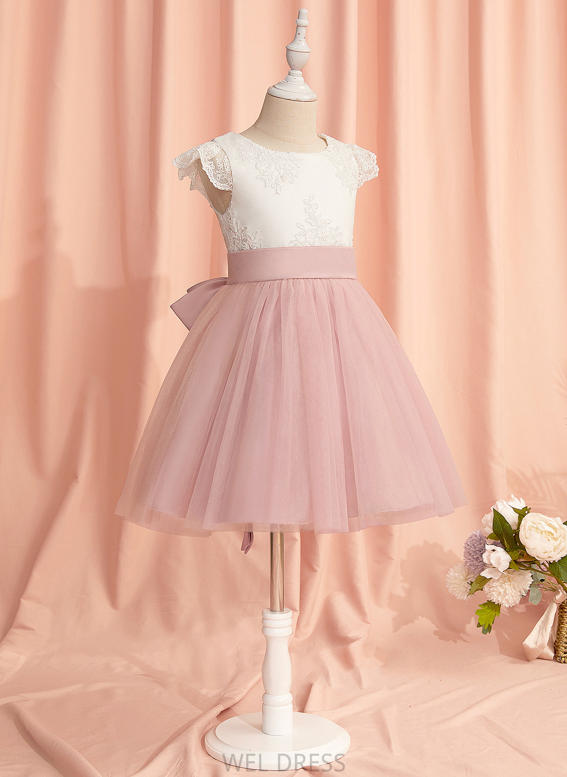 Neck Mylie With Short Scoop Tulle Dress Lace/Bow(s) Flower Girl Dresses Knee-length - A-Line Sleeves Flower Girl