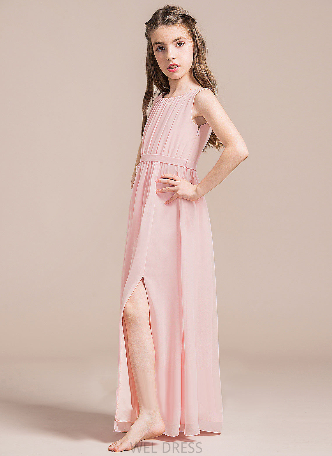 Chiffon Ruffle Junior Bridesmaid Dresses Joan Neck With Front Split Scoop A-Line Floor-Length