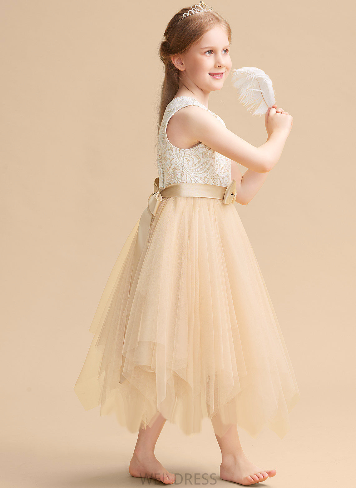 Dress Flower Carly Scalloped Flower Girl Dresses Neck With - A-Line Lace/Bow(s) Girl Tea-length Tulle Sleeveless