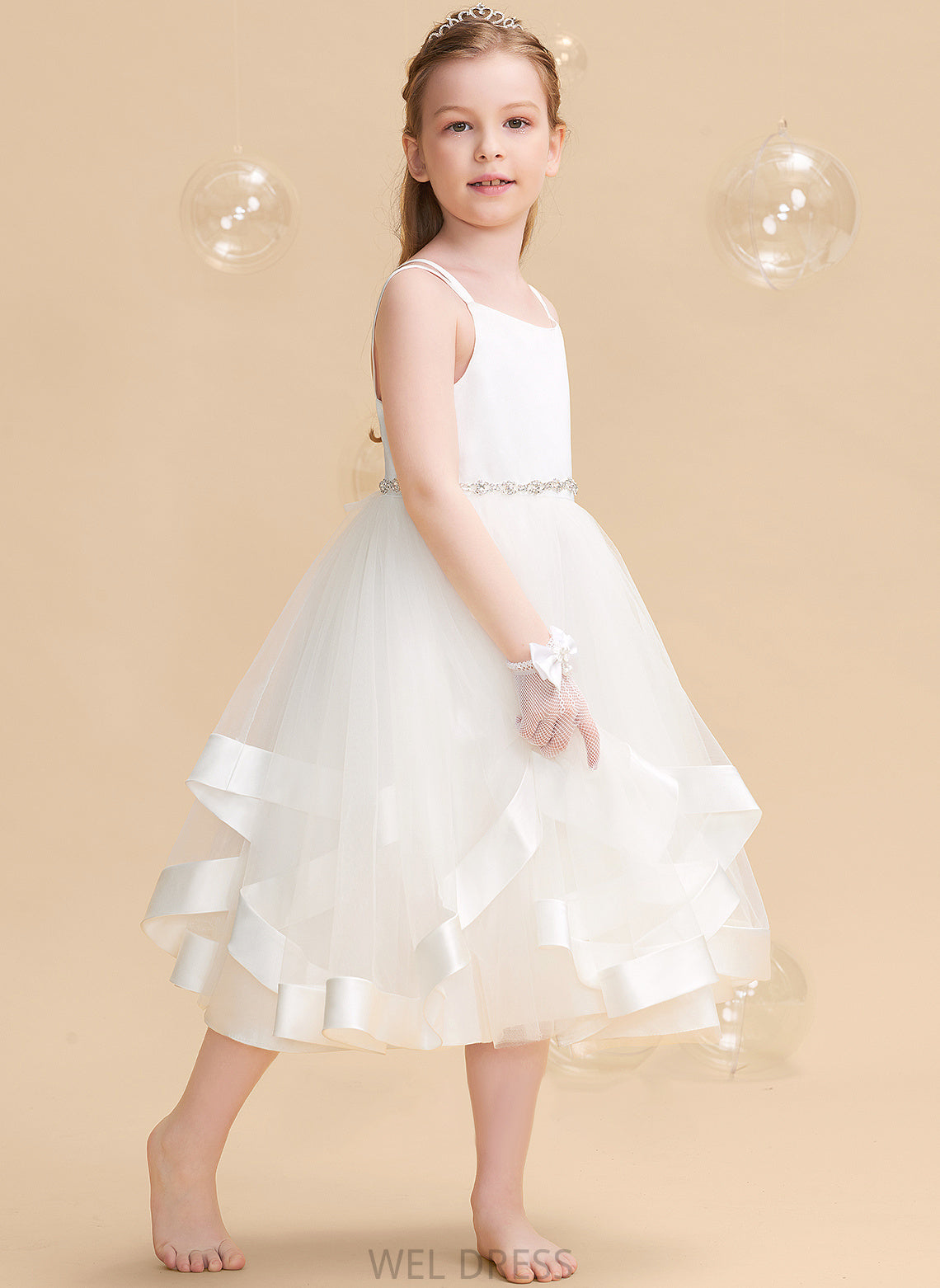 Tea-length Dress Flower Straps Girl - Carolyn Satin/Tulle Sleeveless Flower Girl Dresses With A-Line Beading