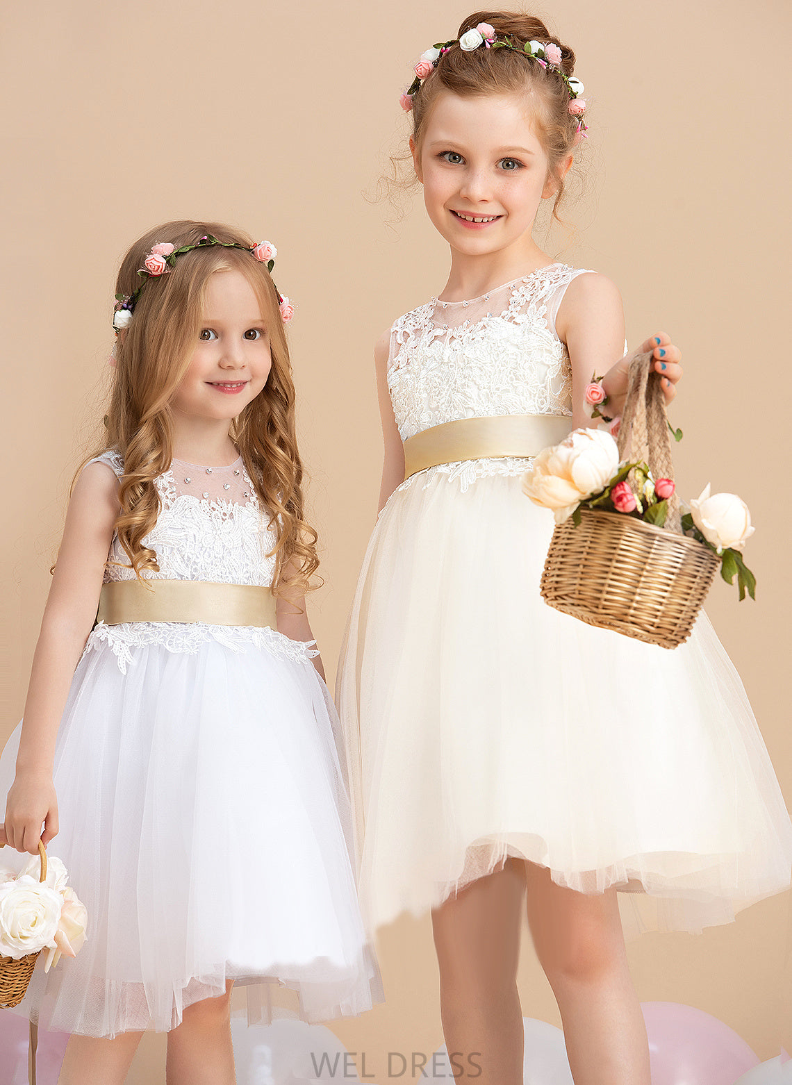 Neck Sash/Beading/Back With Hole Flower Girl Dresses Itzel - A-Line Girl Dress Scoop Sleeveless sash) (Detachable Knee-length Flower Tulle/Lace